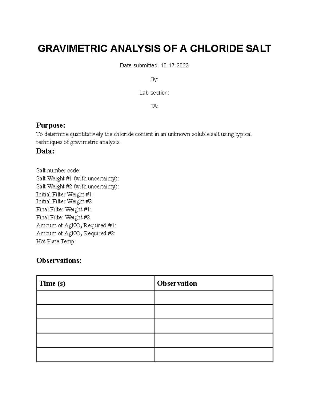 G Pre-Lab - got a 100 - GRAVIMETRIC ANALYSIS OF A CHLORIDE SALT Date ...