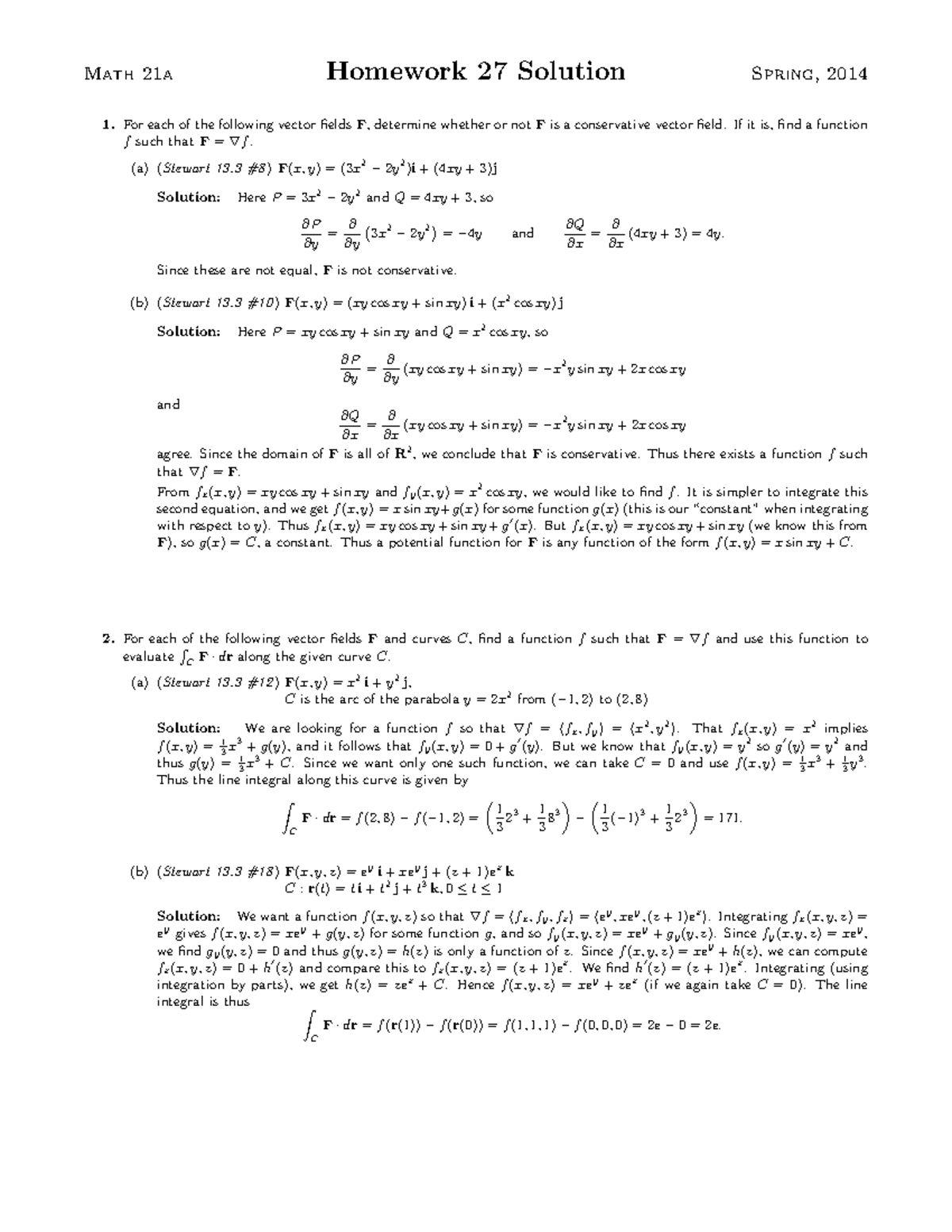 Homework 27-solutions S14 - Math 21a Homework 27 Solution Spring, 2014 ...