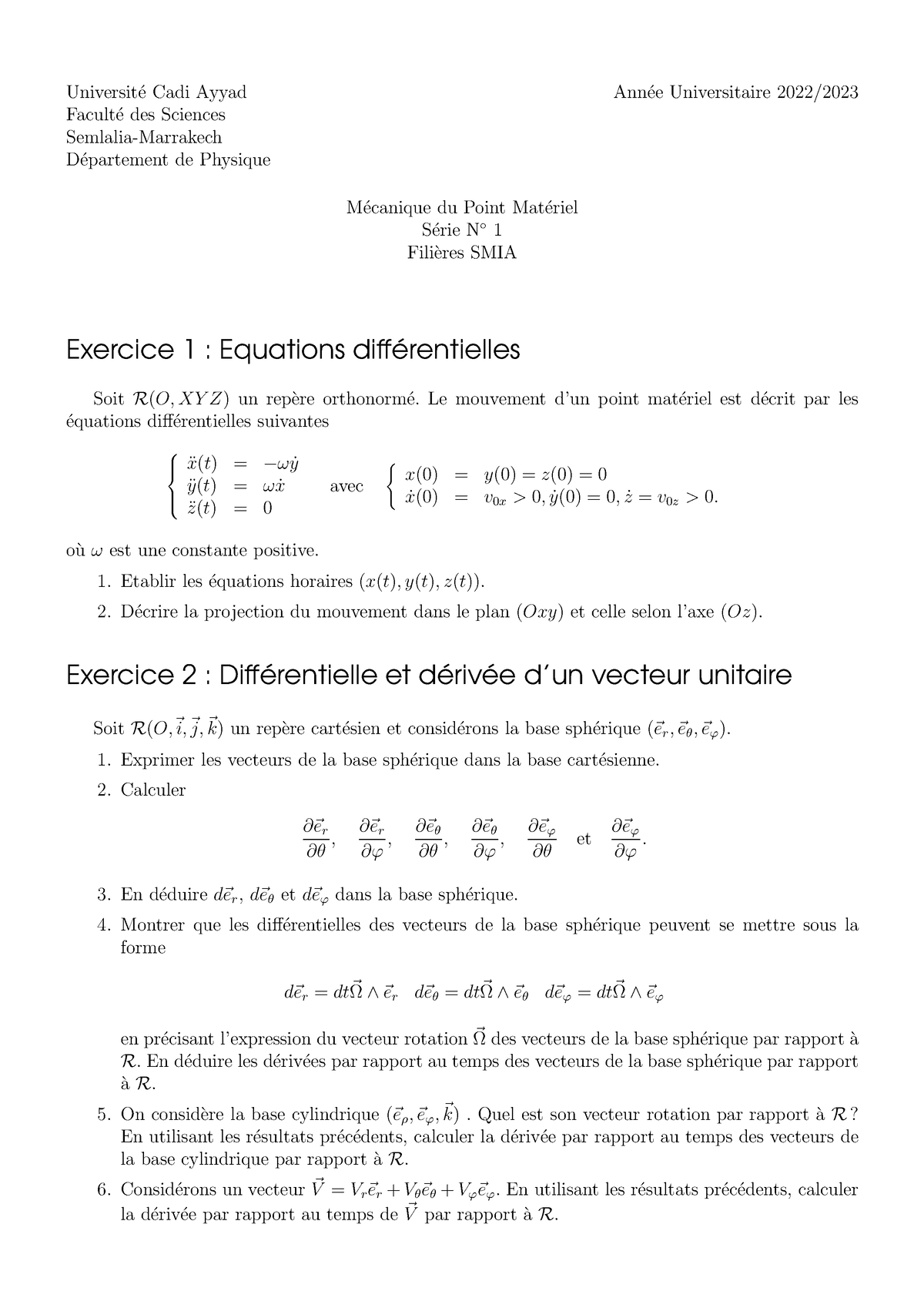 Td1 Mécanique De Point 2022 2023 Universit ́e Cadi Ayyad Ann ́ee Universitaire 2022 20 23 5959