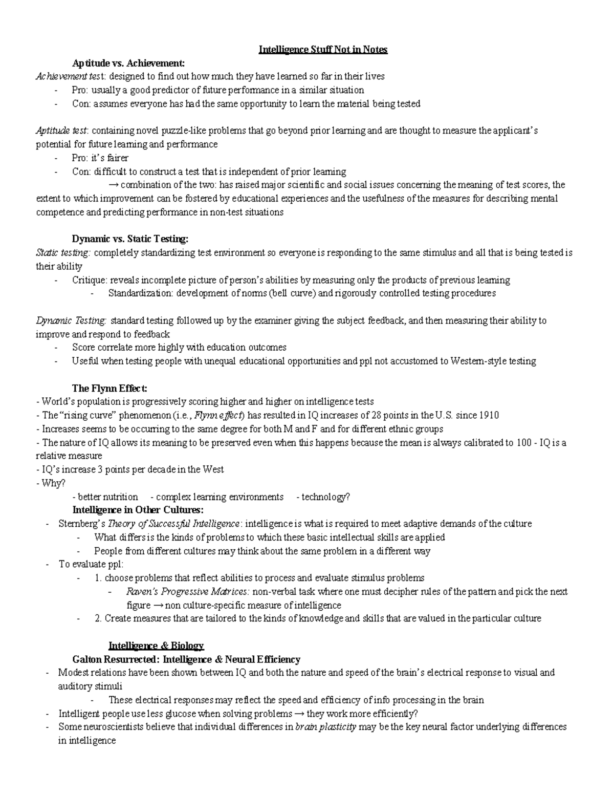 Psych Ch 10 Notes - Intelligence Stuff Not in Notes Aptitude vs ...