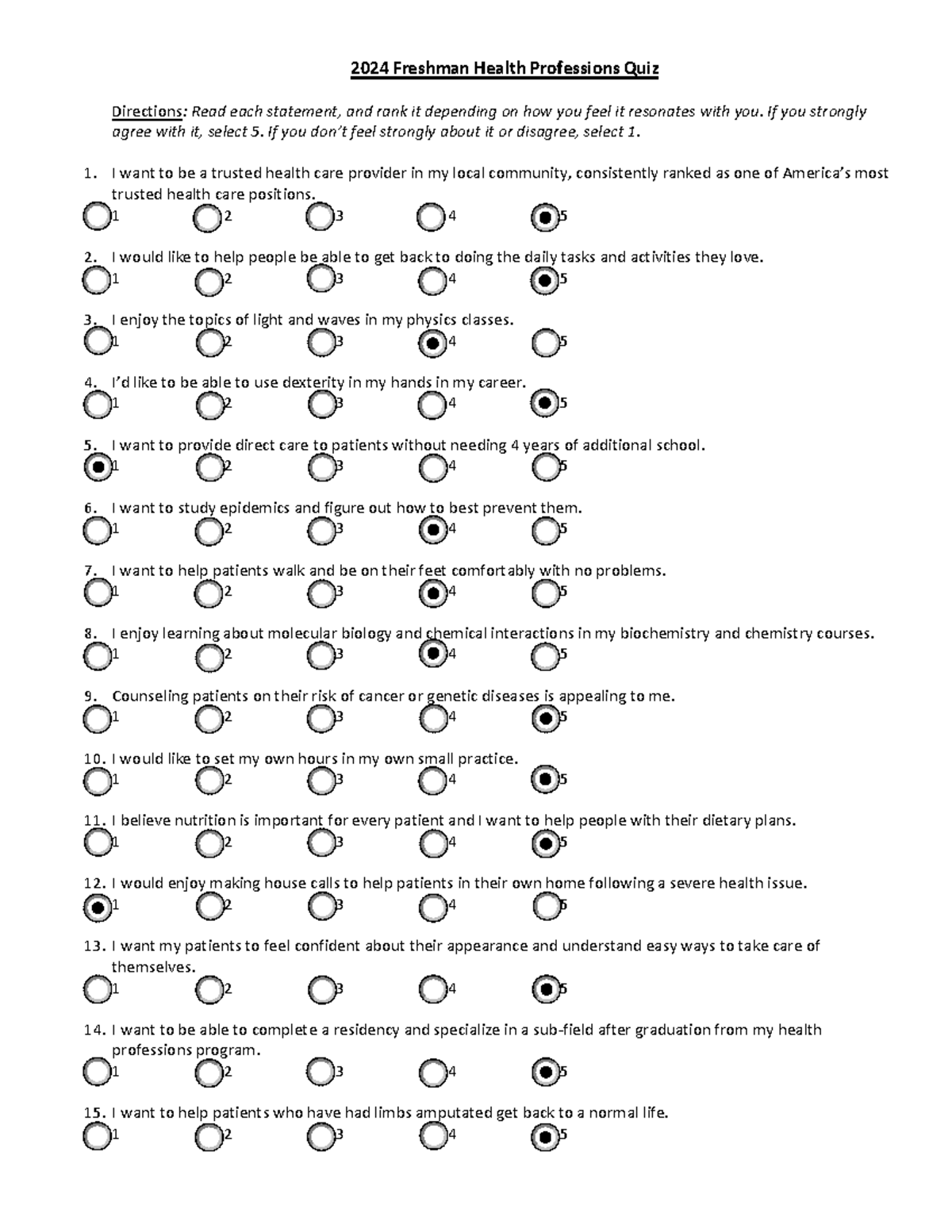 2024 Freshman Health Professions Quiz Activity 2024 Freshman Health