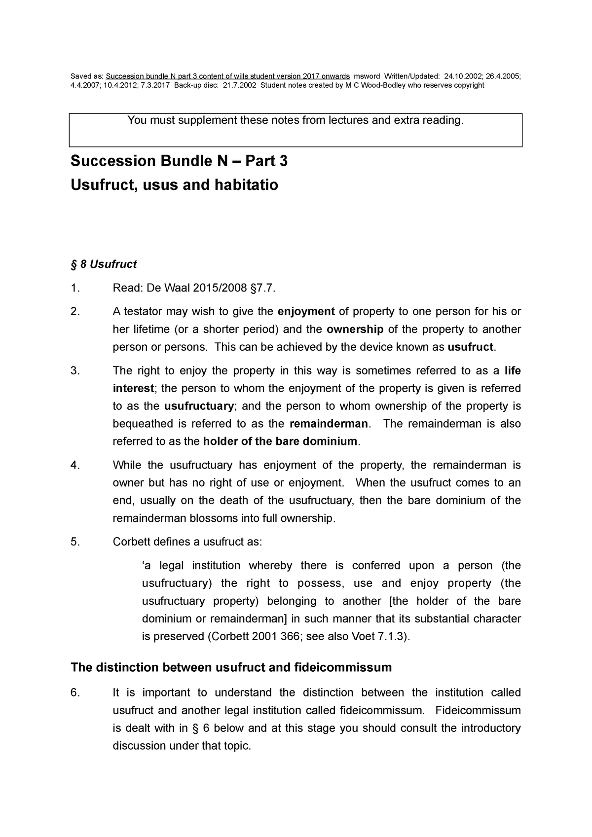 Usufructs - notes about usufrust - Saved as: Succession bundle N part 3 ...