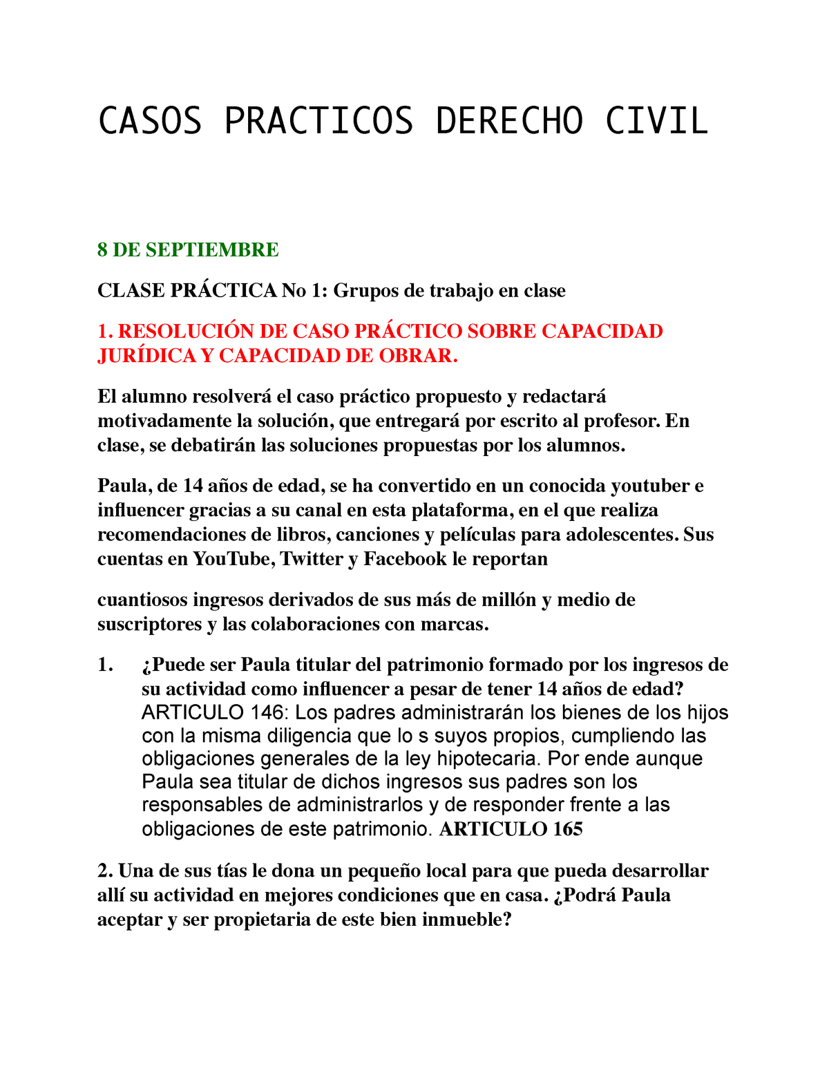 Casos Practicos Derecho Civil Casos Practicos Derecho Civil 8 De Septiembre Clase PrÁctica No 7539