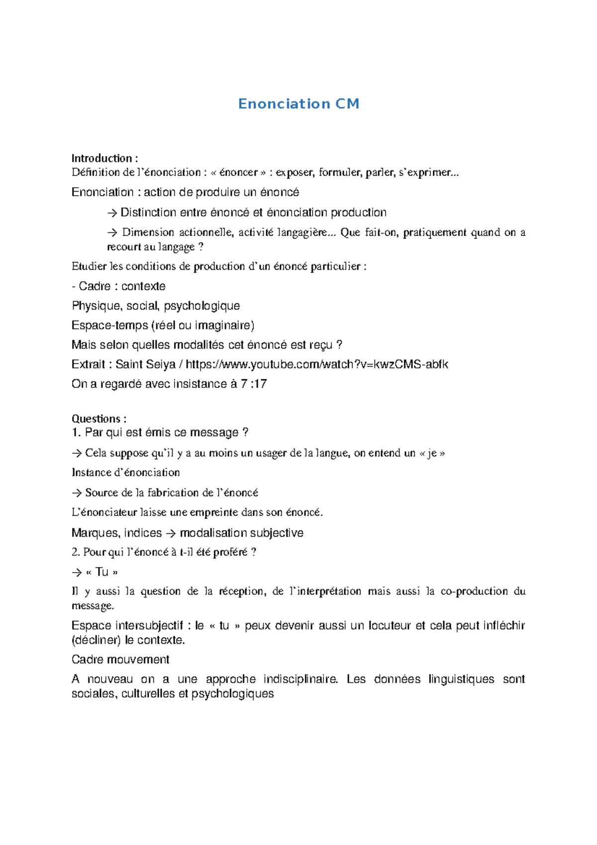 Enonciation CM Présentation de la théorie de l’énonciation Personne et subjectivité Studocu