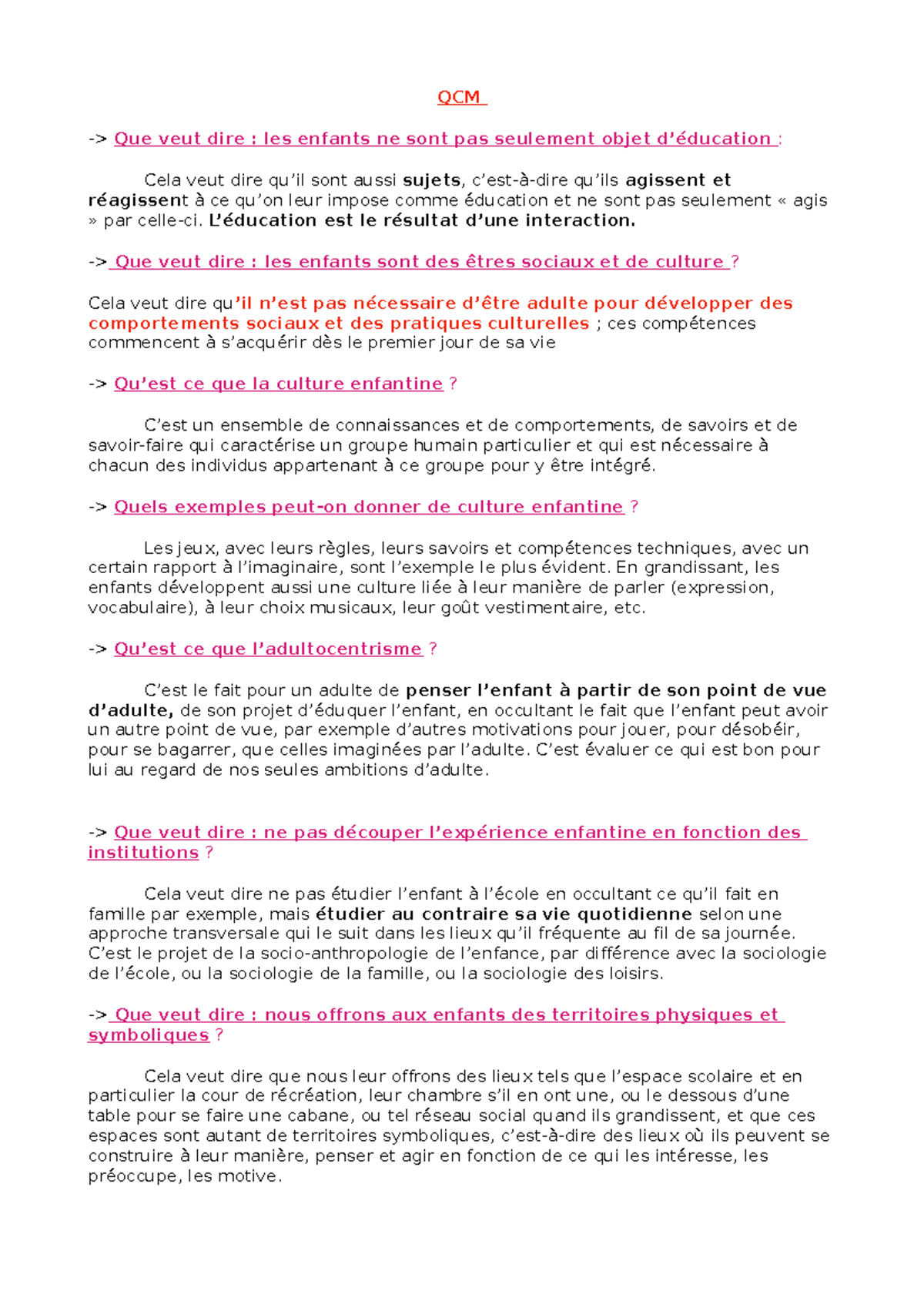 QCM Socio Antrop QCM > Que veut dire les enfants