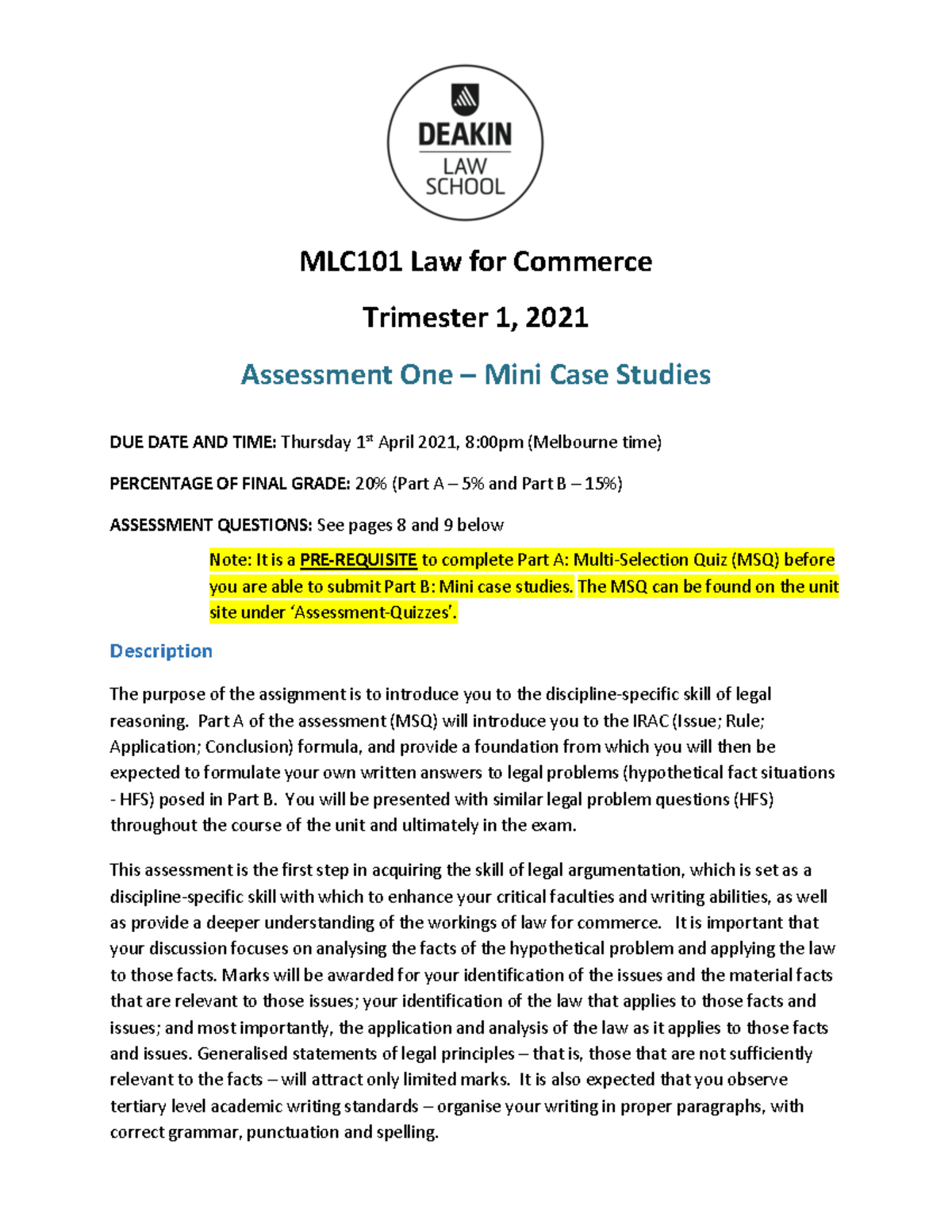 MLC101 T1 2021 Assessment One - MLC101 - Deakin - Studocu