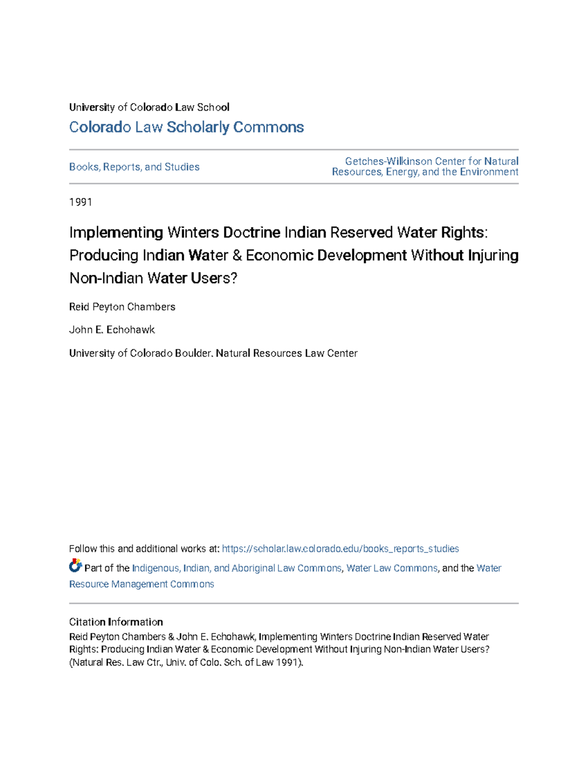 Implementing Winters Doctrine Indian Reserved Water Rights Produ ...
