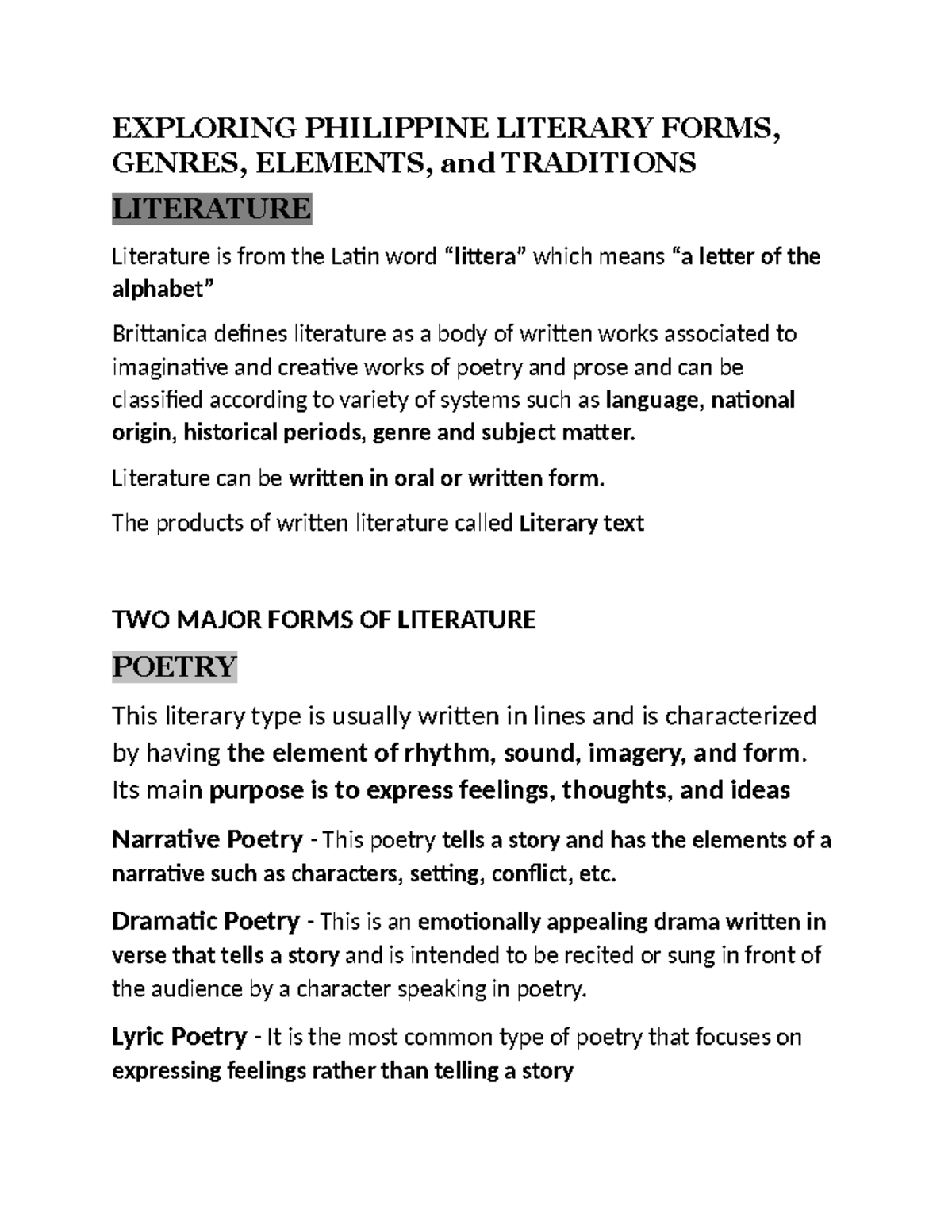 21st reviewer - EXPLORING PHILIPPINE LITERARY FORMS, GENRES, ELEMENTS ...