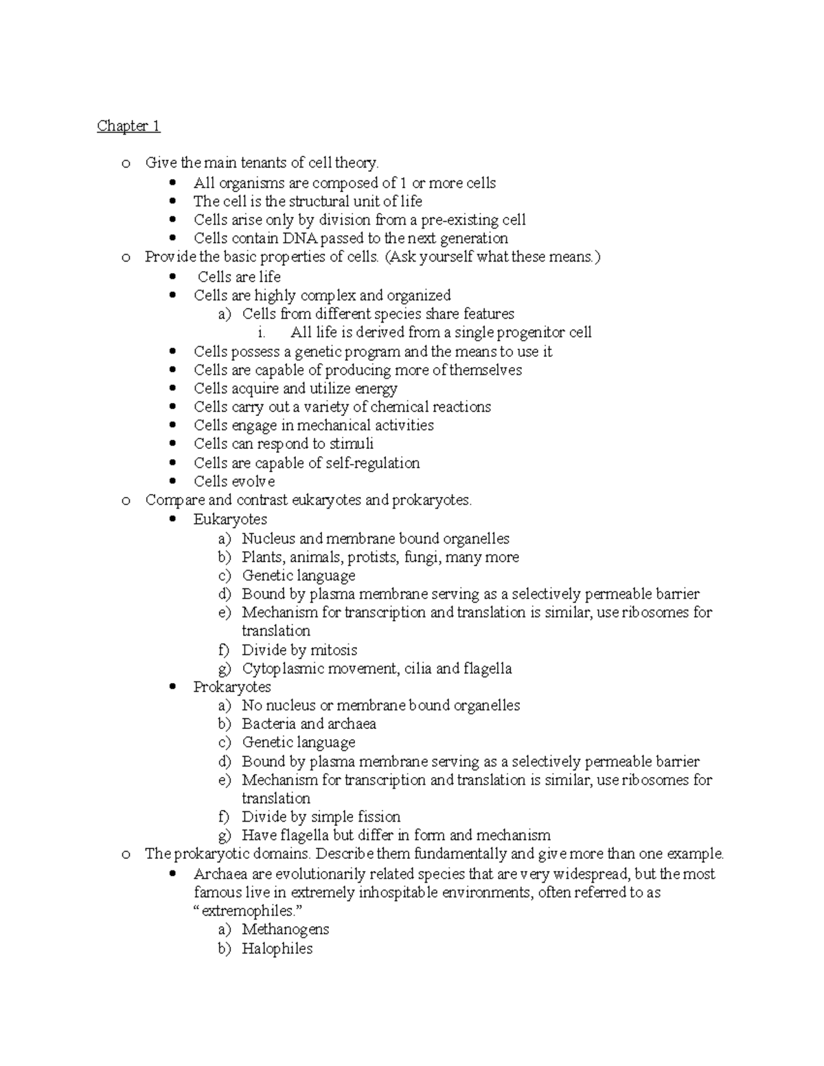 Exam 1 Study Guide - Chapter 1 o Give the main tenants of cell theory ...