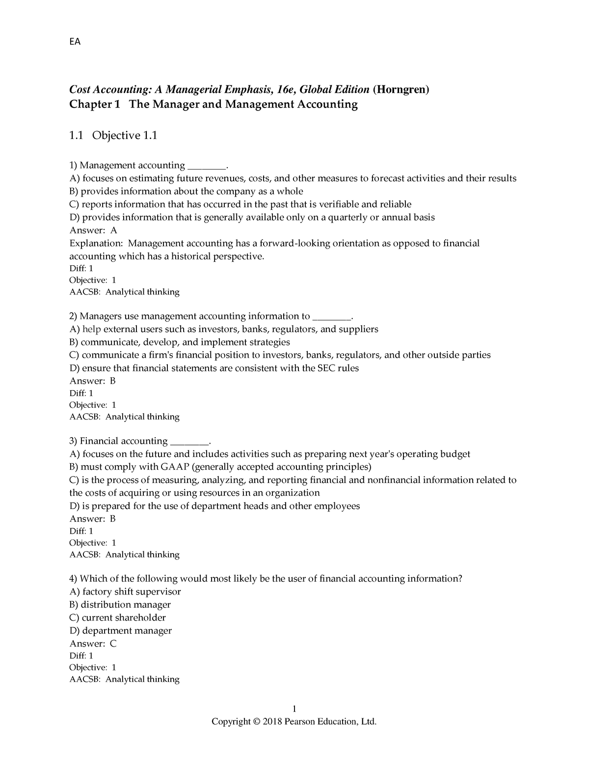 Test Bank Chapter 1 The Manager And Management Accounting - 1 Cost ...