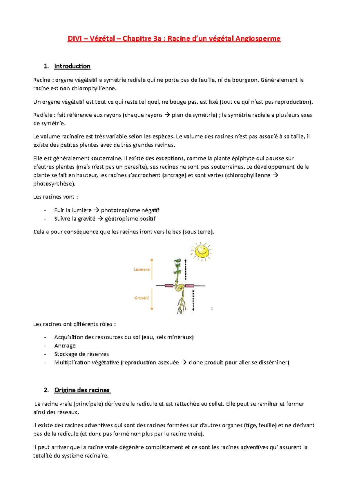 Chapitre 3a - Introduction Racine : organe végétatif a symétrie radiale ...