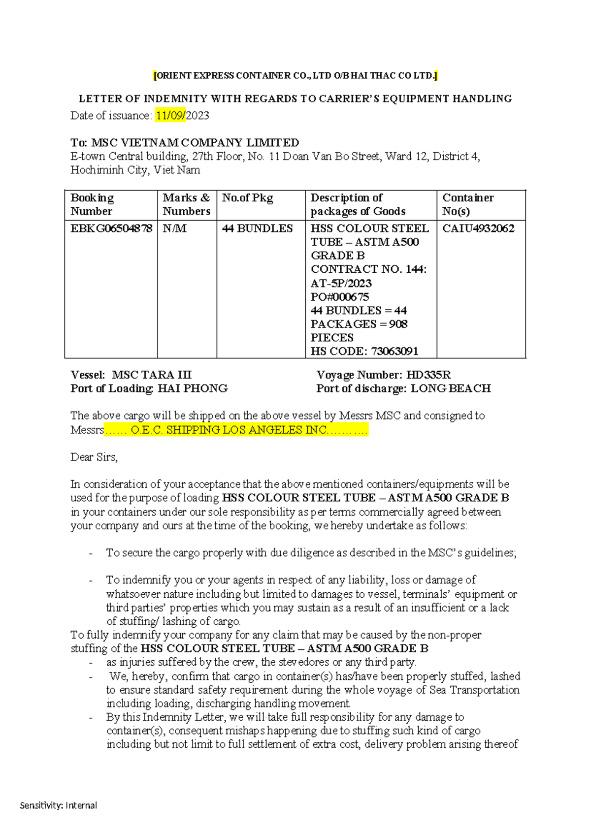 Loi for heavy cont - Sensitivity: Internal [ORIENT EXPRESS CONTAINER CO ...