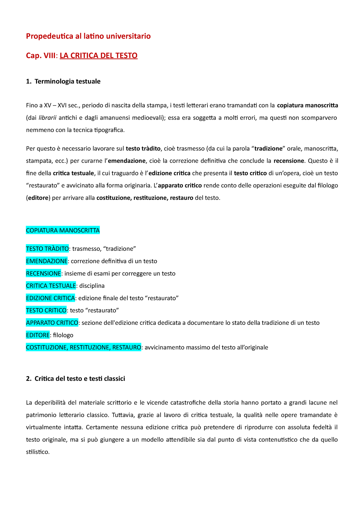 La Critica Del Testo Riassunto Propedeutica Letteratura Latina Unibo Studocu