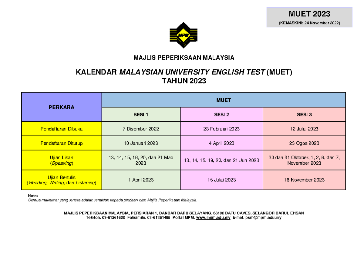 Kalendar MUET Tahun 2023 Edisi 24112022 BM MAJLIS PEPERIKSAAN MALAYSIA KALENDAR MALAYSIAN