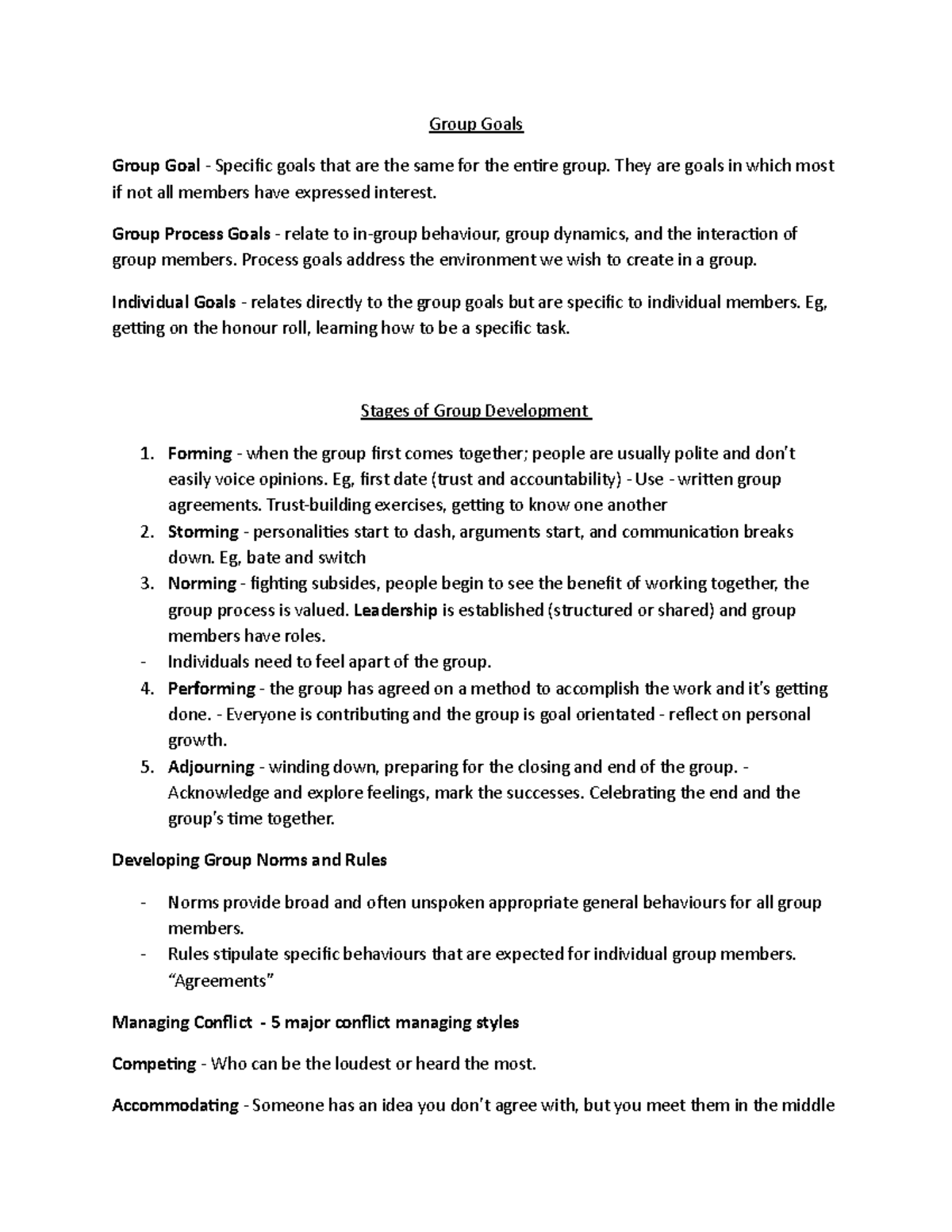 Group Dynamics Group Goals Notes Group Goals Group Goal Specific