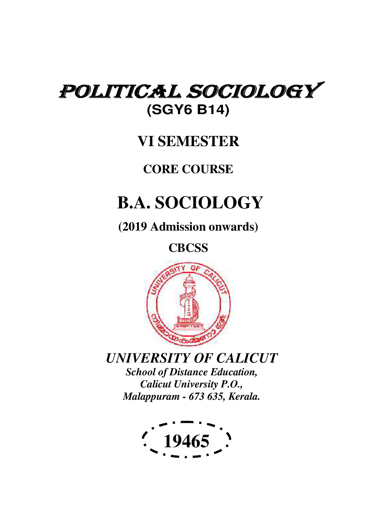 SLM-Socio- Political Sociology - POLITICAL SOCIOLOGY (SGY6 B14) VI ...