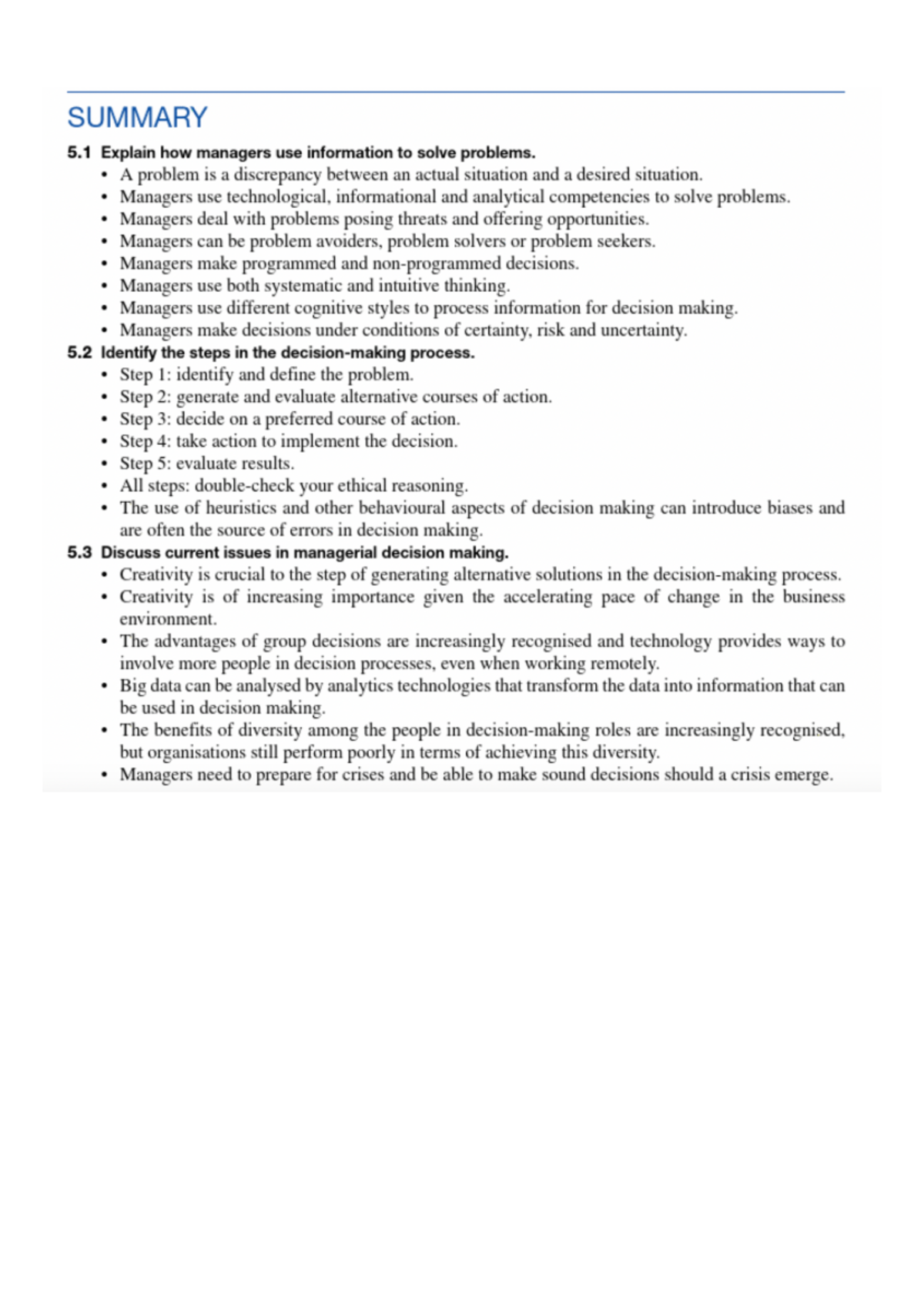 Managment Summary - SUMMARY 5 Explain how managers use information to ...