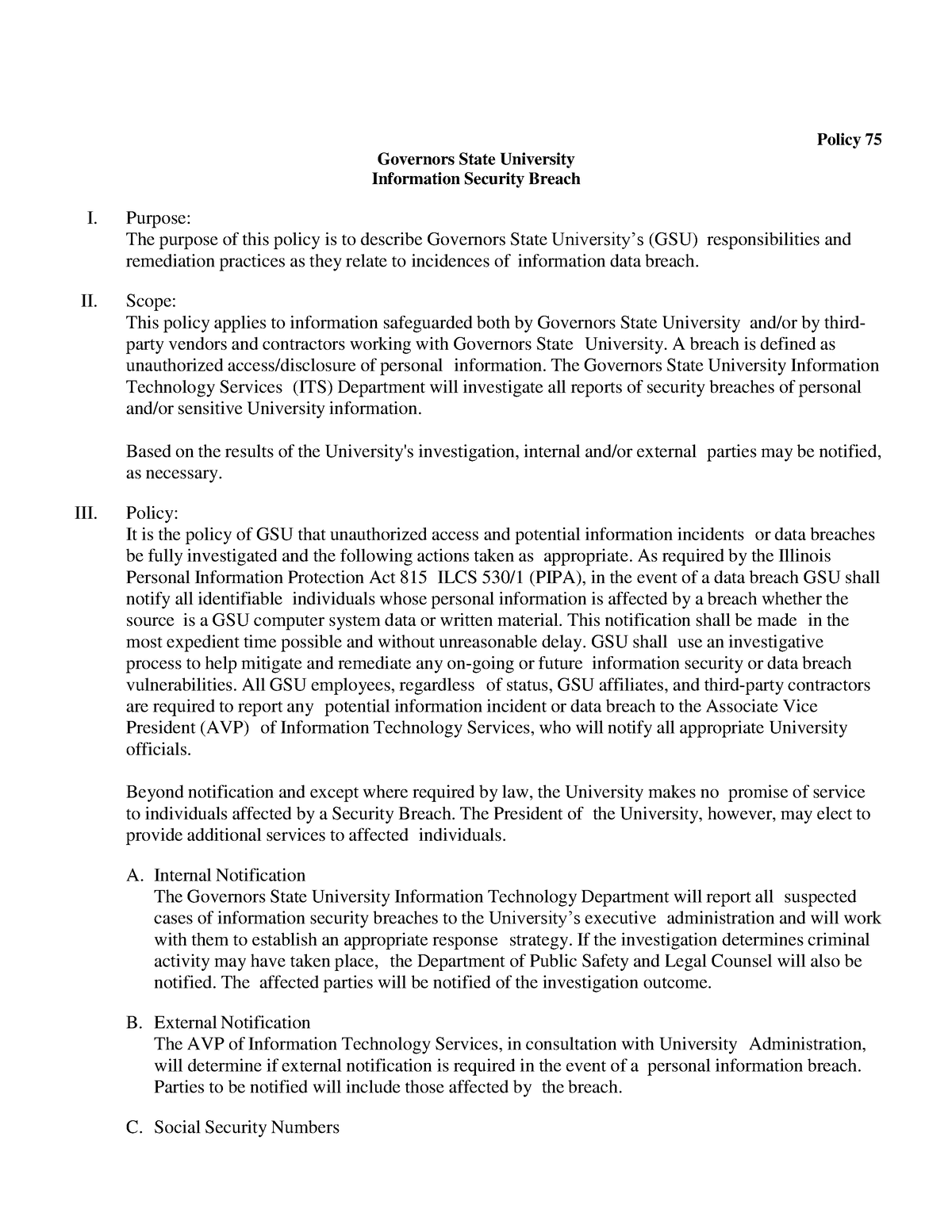 Policy 75 Information Security Breach Policy 75 Governors State