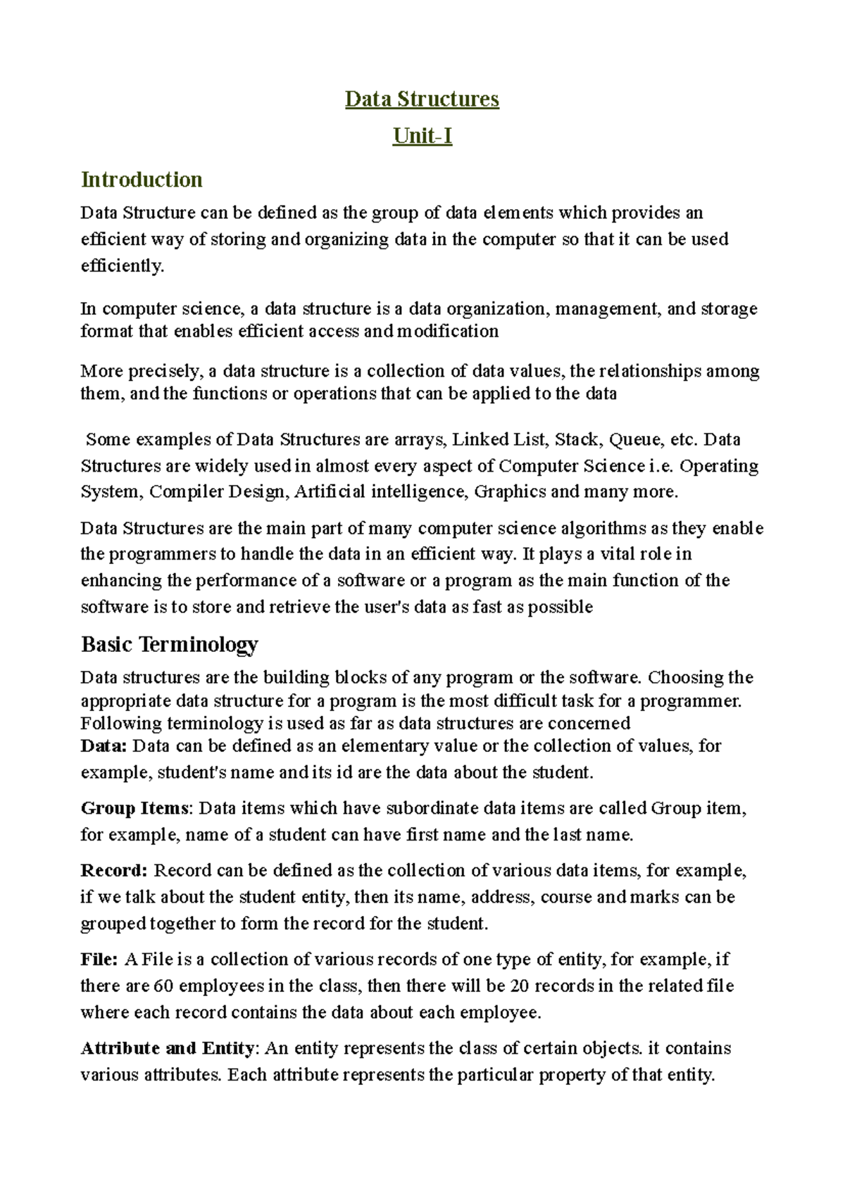 Dsunit-IUpto Linked List - Data Structures Unit-I Introduction Data ...