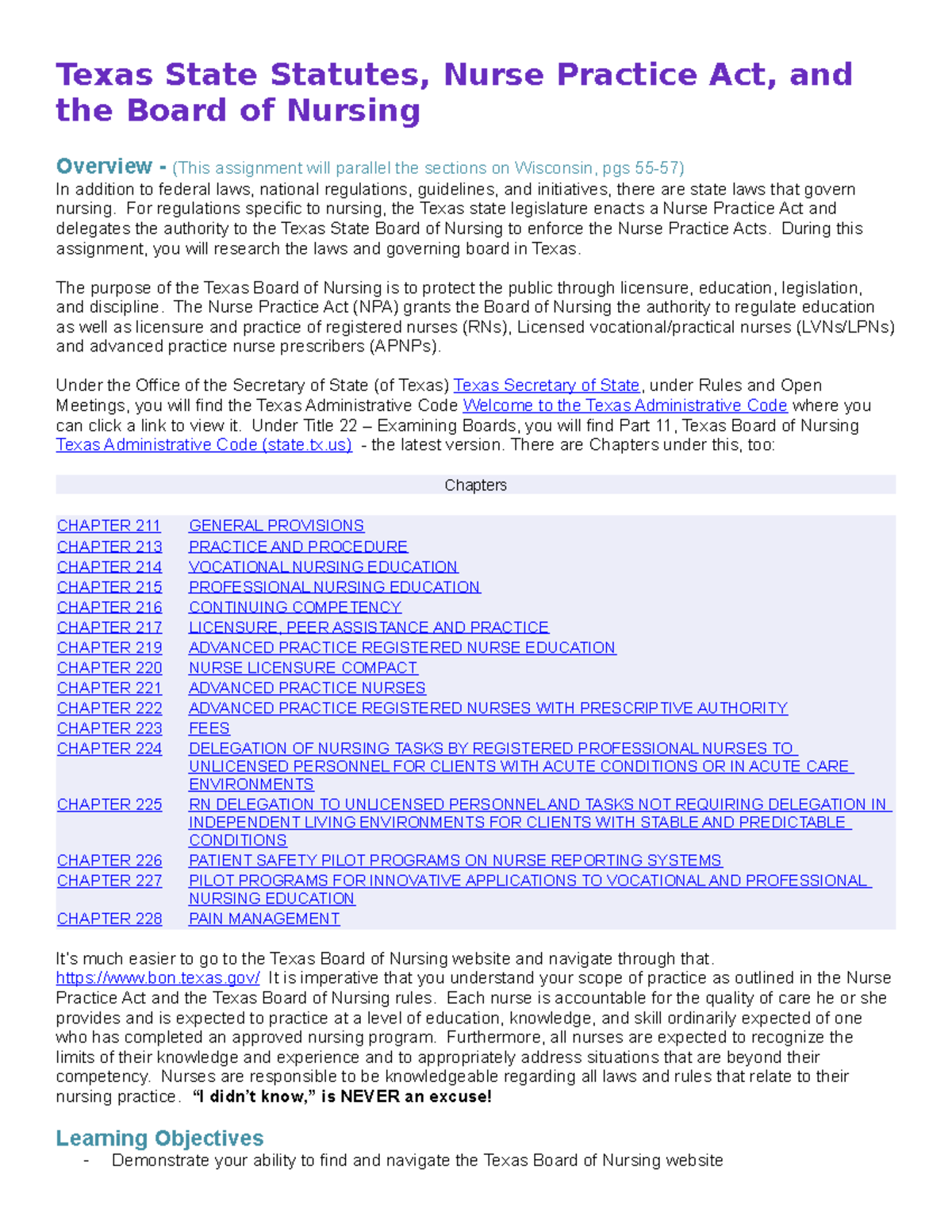 Texas Assignment - N?A - Texas State Statutes, Nurse Practice Act, And ...