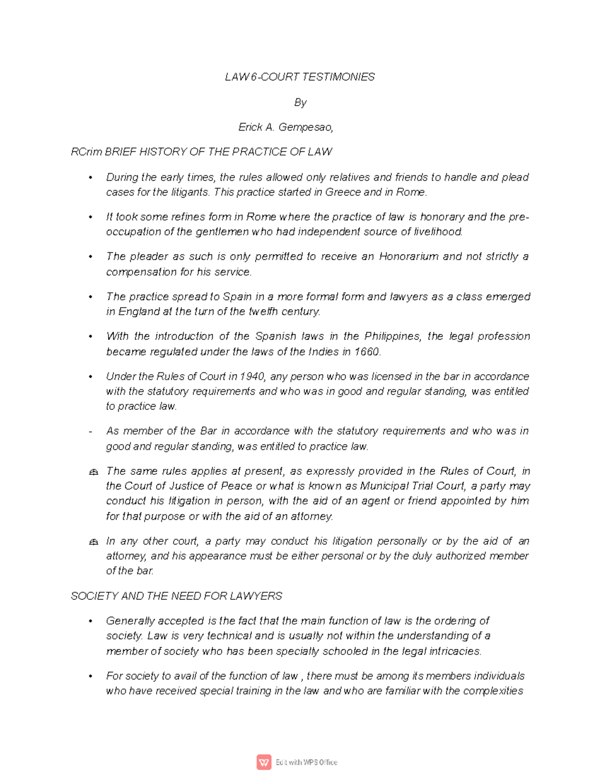 Court Testimony criminology reviewer LAW 6COURT TESTIMONIES By Erick