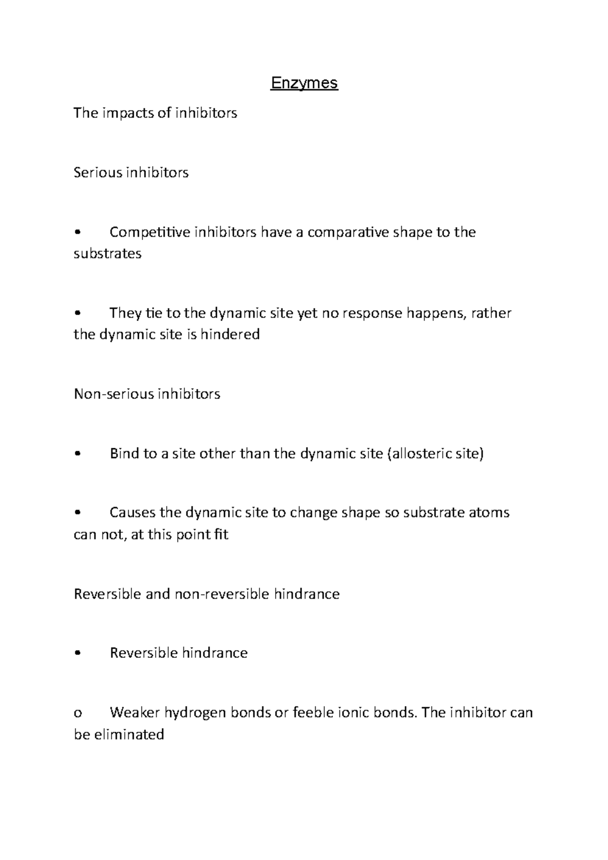 Enzymes Notes in biology A Level OCR A The impacts of inhibitors