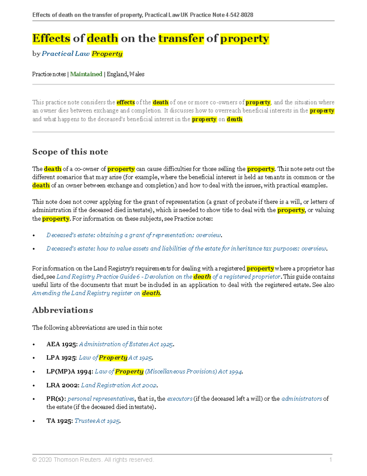 Practical Law Note Effects of death on the transfer of property