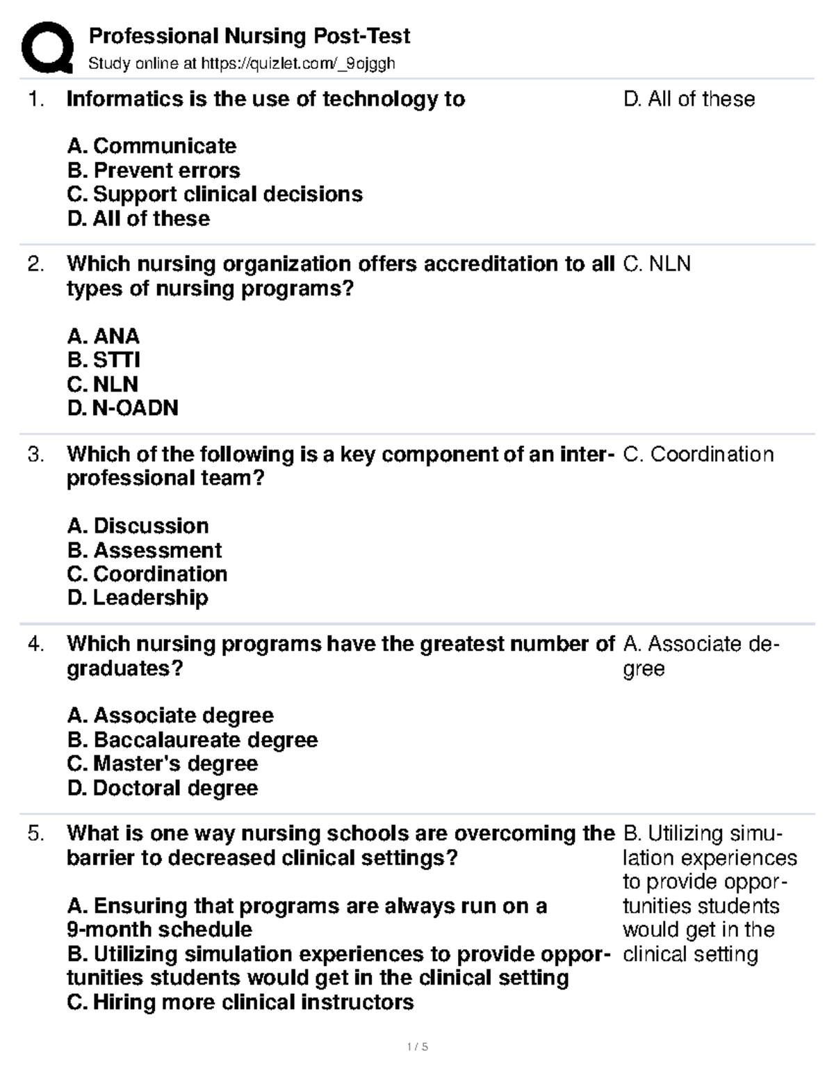 Professional Nursing I & II PostTest Study online at quizlet/_9ojggh