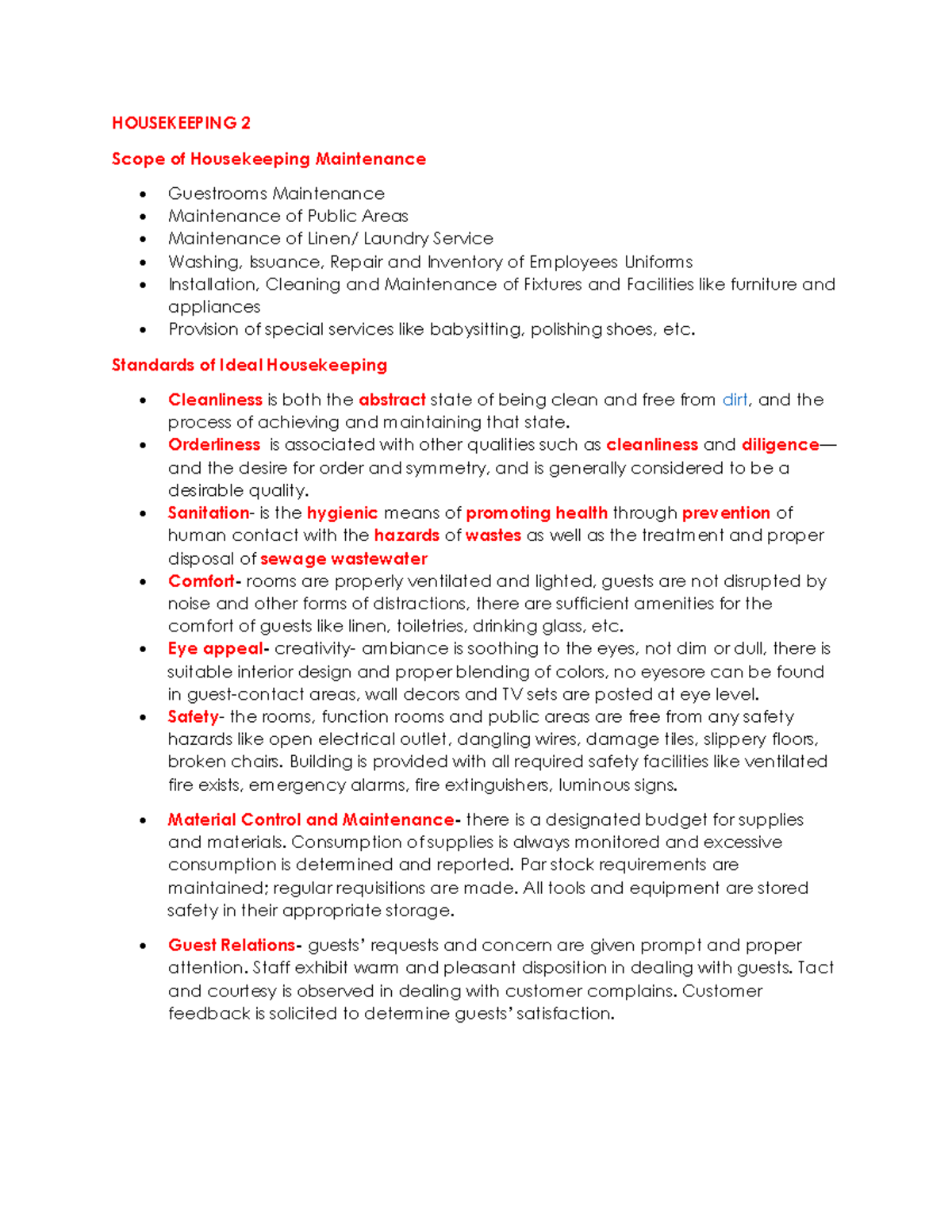 Housekeeping 2 study guide International Tourism and Hospitality