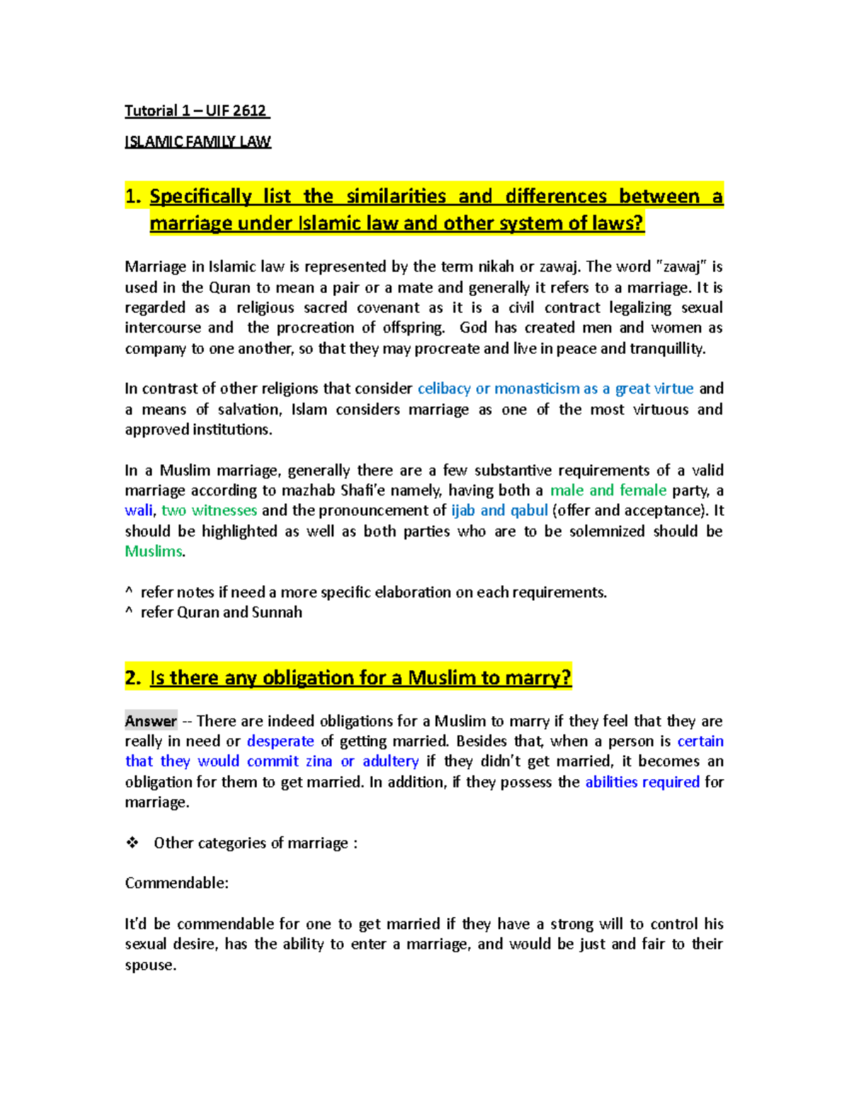 Tutorial 1 of ISLAMIC LAW - Tutorial 1 – UIF 2612 ISLAMIC FAMILY LAW 1 ...