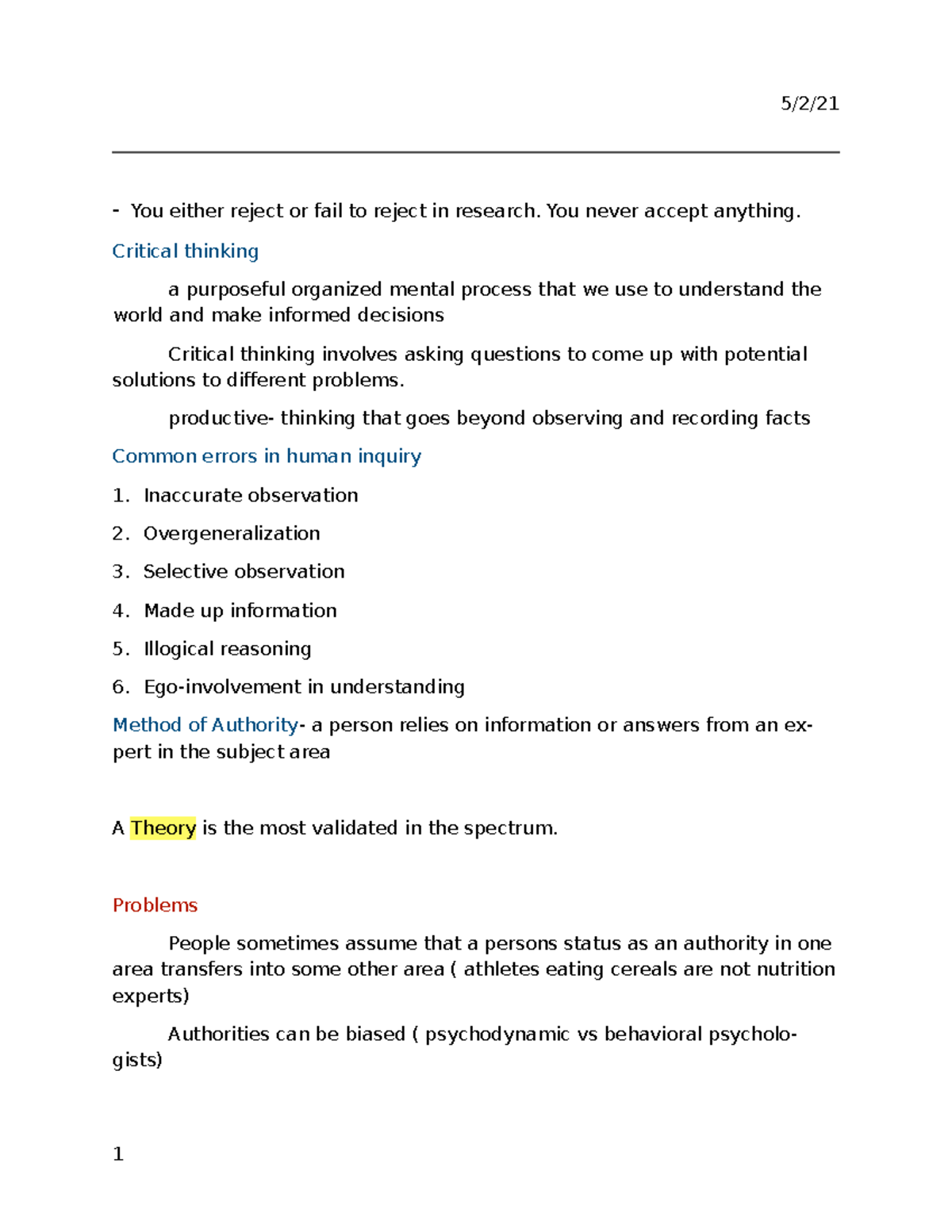 In class notes Quiz 1 - 5/4/19 - You either reject or fail to reject in ...