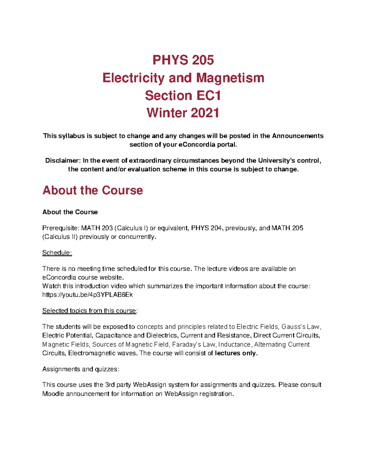 W21-PHYS 205-EC 1-Outline-NN - PHYS 205 Electricity And Magnetism ...