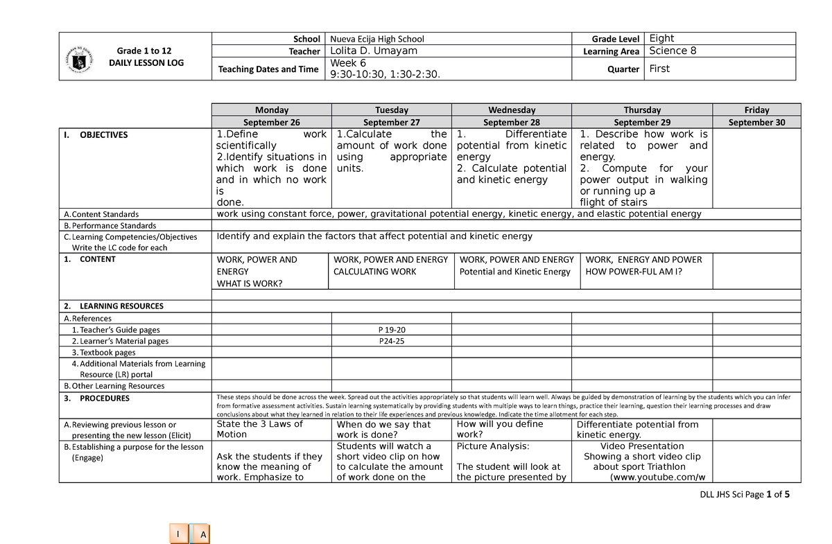 Week-6 - Lesson plan in Science - Grade 1 to 12 DAILY LESSON LOG School ...