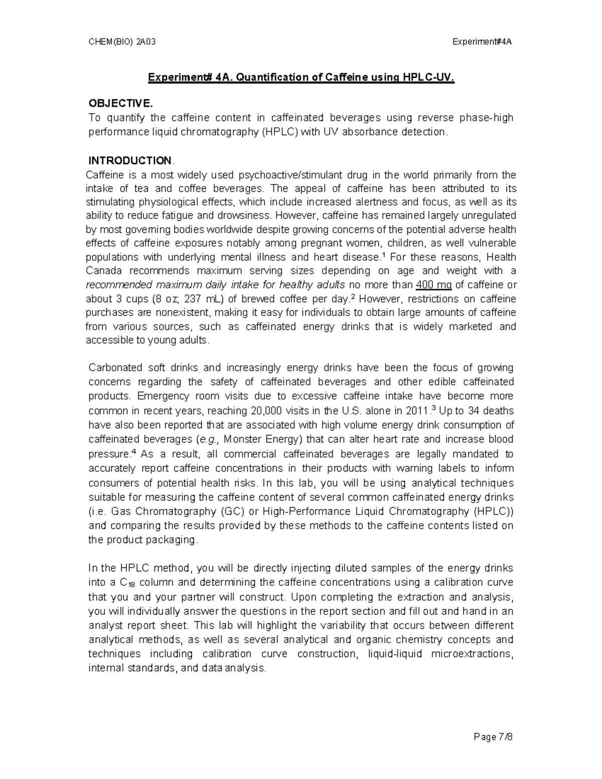 Lab 4a Caffeine By Hplc Assignment Experiment 4a Quantification