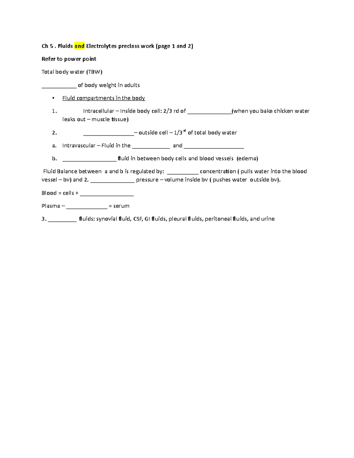 Week 2 preclass work Types of fluid - Ch 5. Fluids and Electrolytes ...
