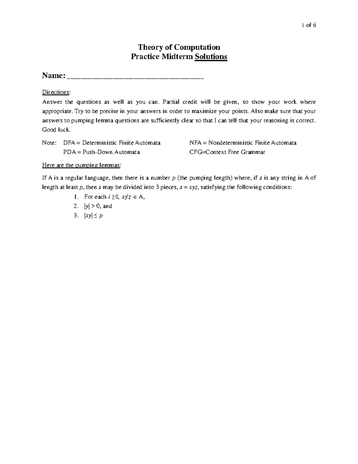 Practice-midterm-solutions - Theory Of Computation Practice Midterm ...