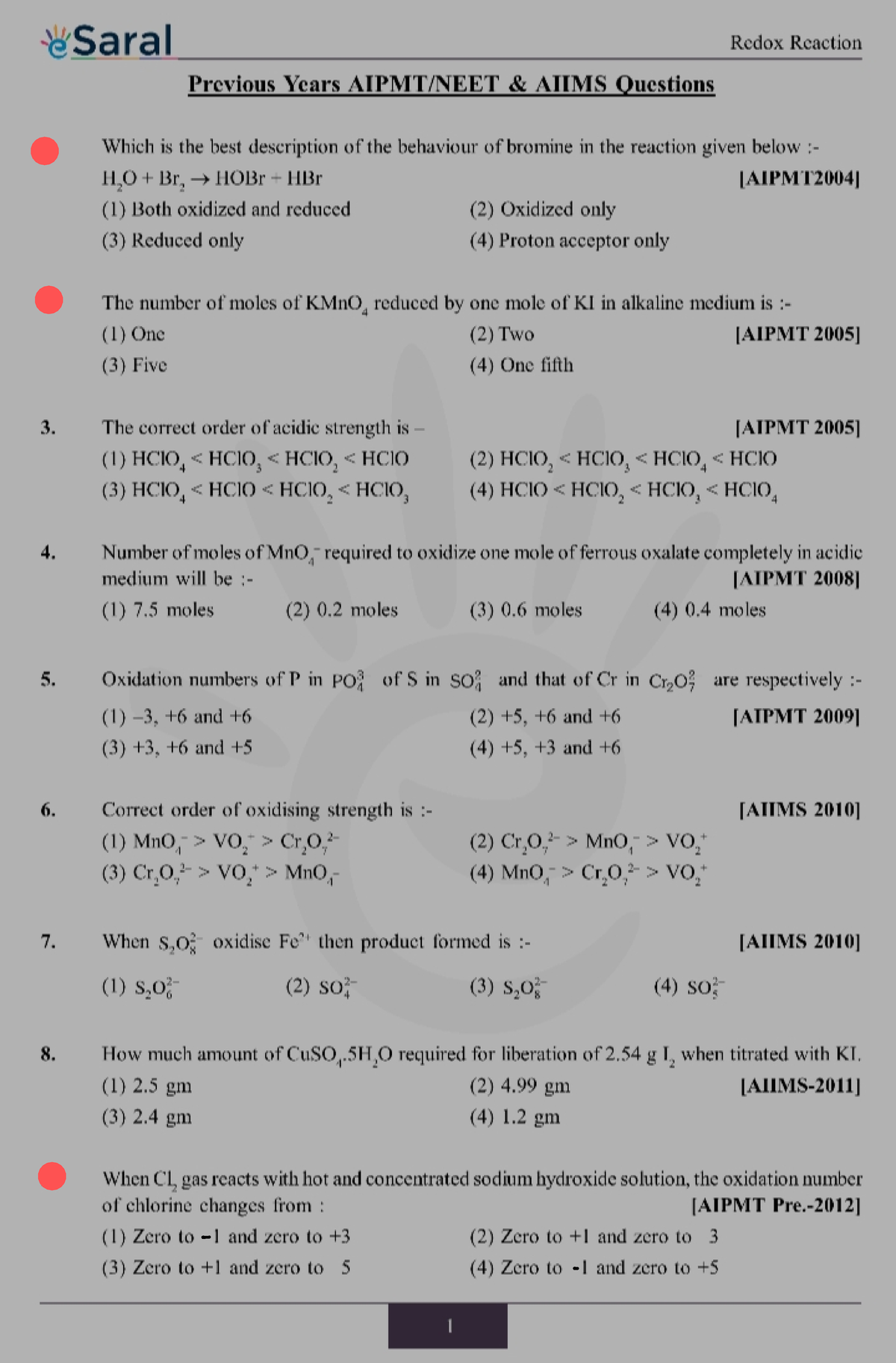 Redox Reactions Neet - Neet Medical - Studocu