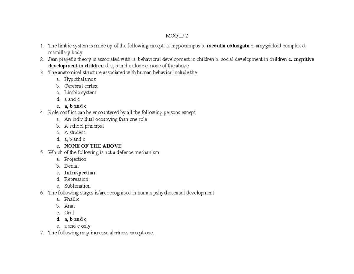 MCQ IP 2 - Questions - MCQ IP 2 The limbic system is made up of the ...