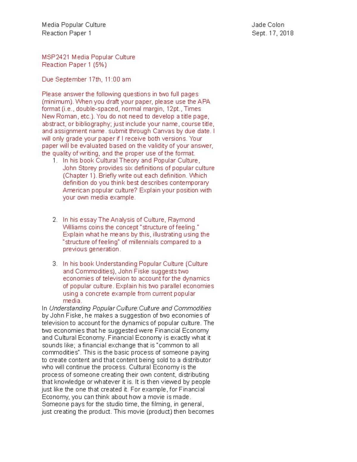 Reaction Paper - Media Popular Culture Jade Colon Reaction Paper 1 Sept ...