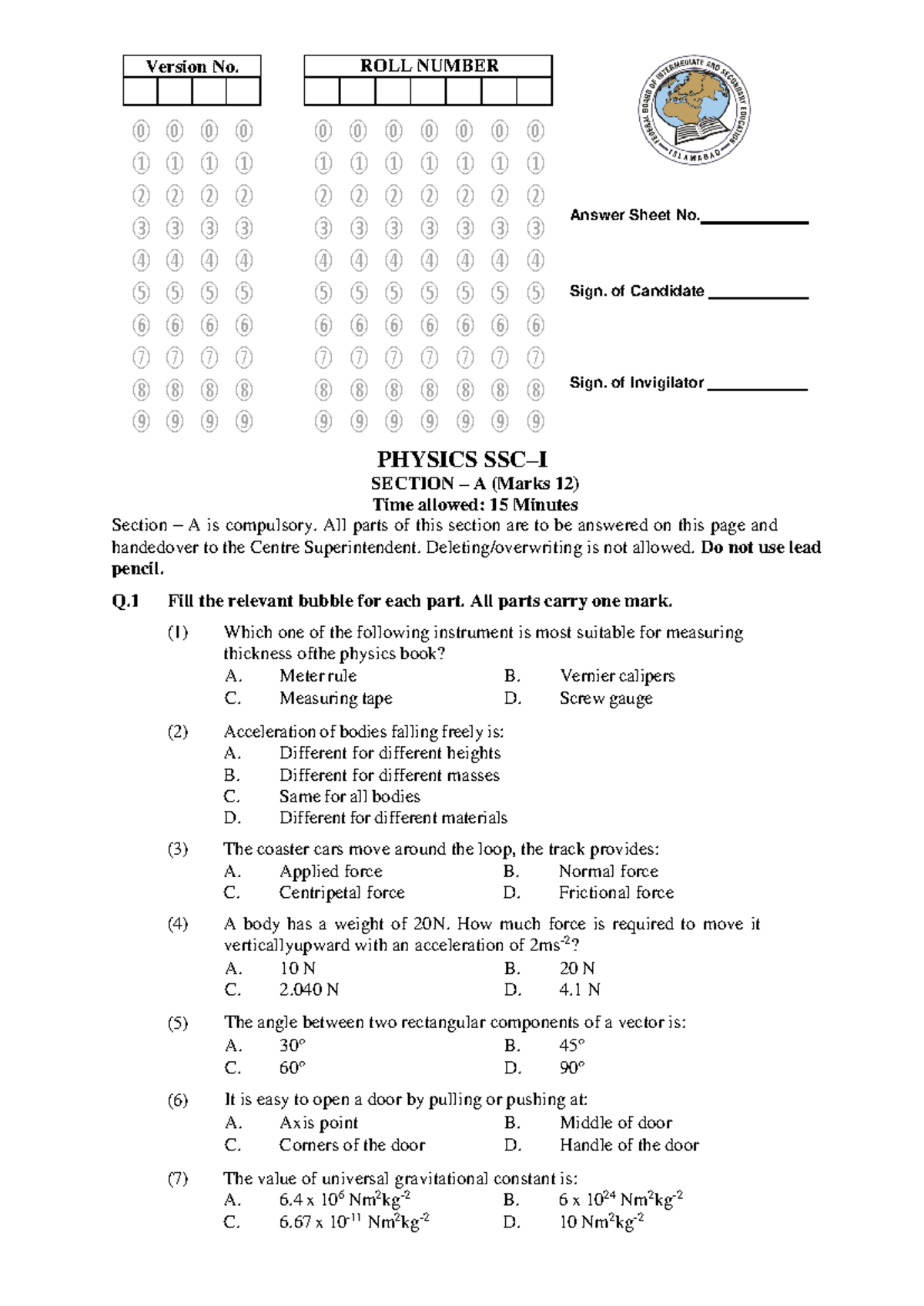 Final Model Paper Physics SSC-I revised - Answer Sheet No. Sign. of ...