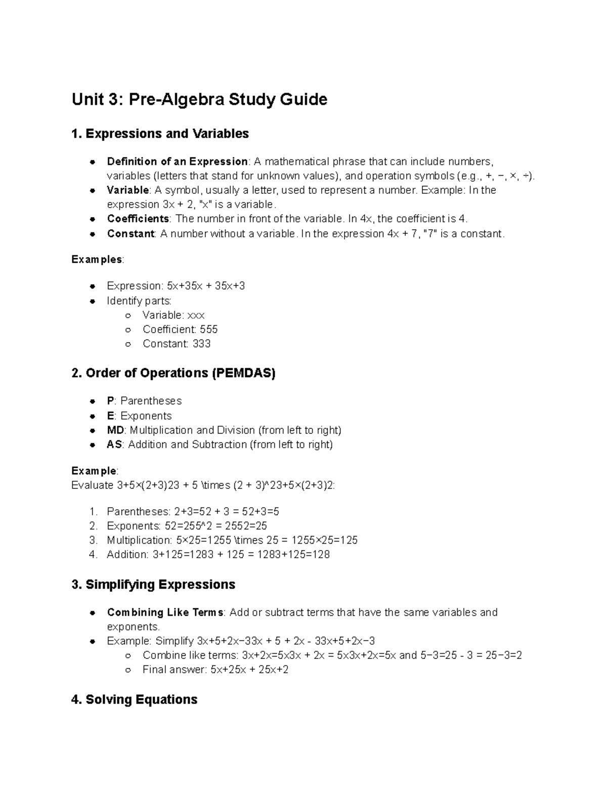 Unit 3 Pre Algebra Study Guide - Expressions and Variables Definition ...
