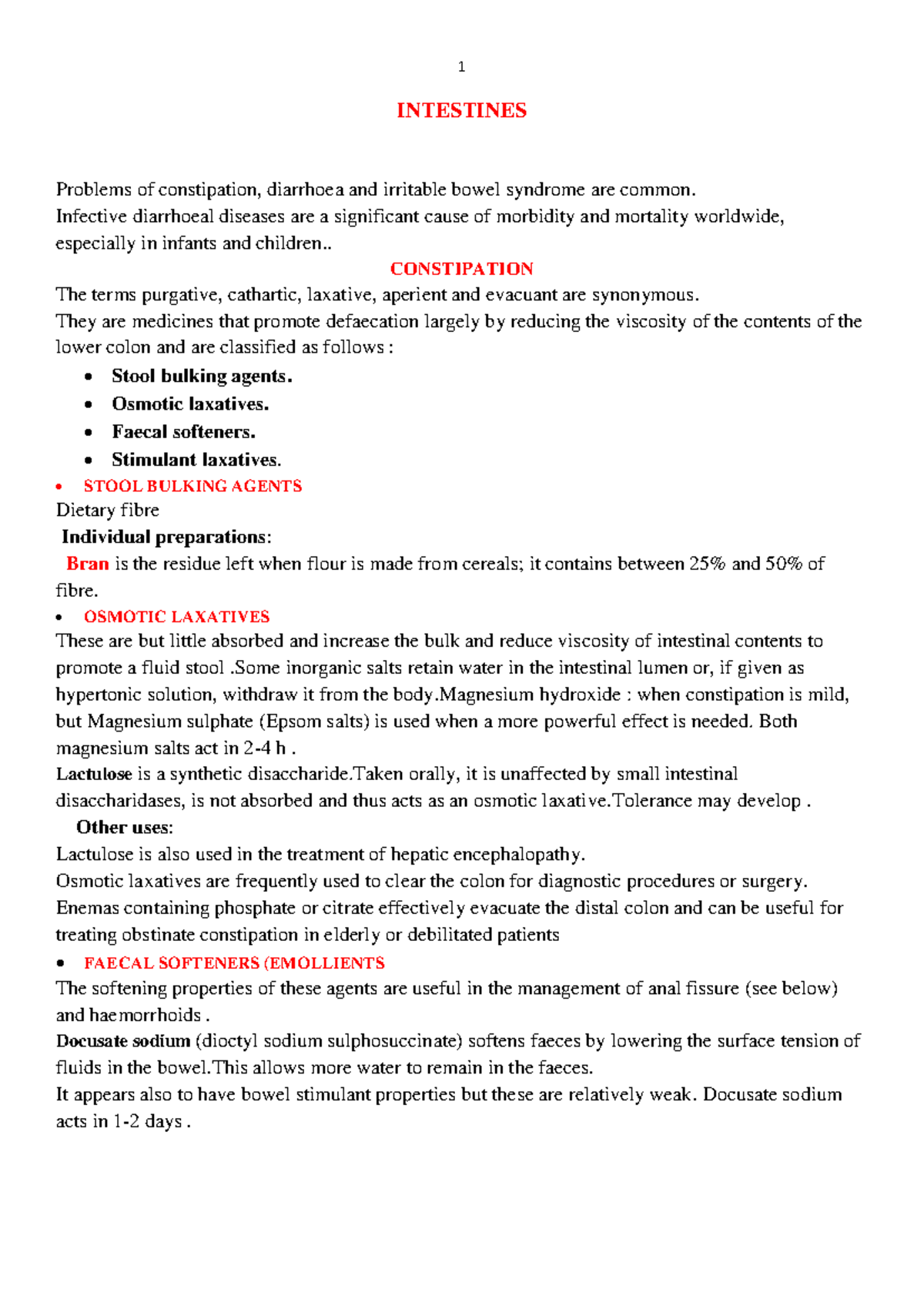 Intestine - Lecture notes 1 - INTESTINES Problems of constipation ...