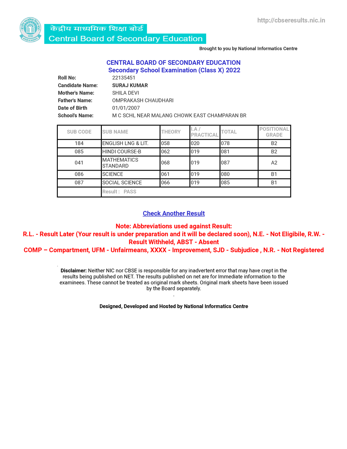 Secondary School Examination (Class X) 2022 cbseresults.nic Brought