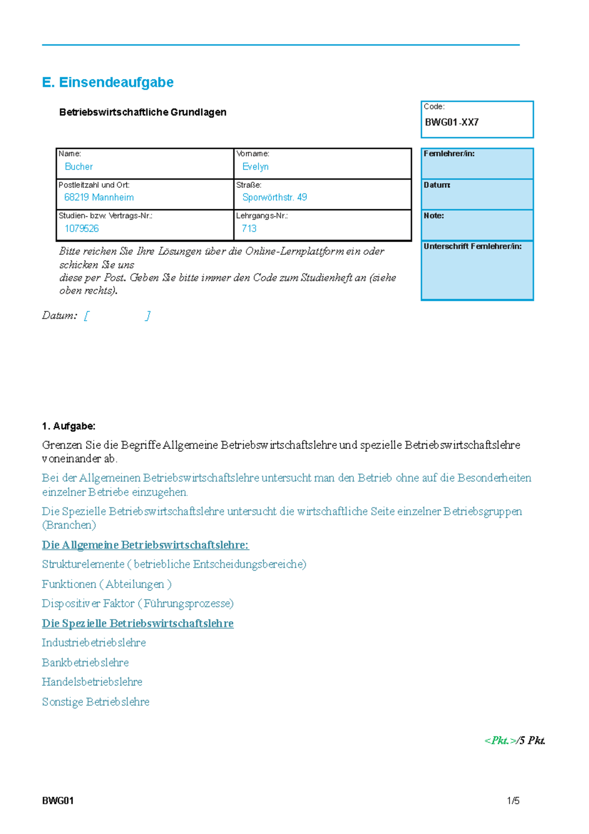 Einsendeaufgaben BWG01 XX7 K31 - E. Einsendeaufgabe ...