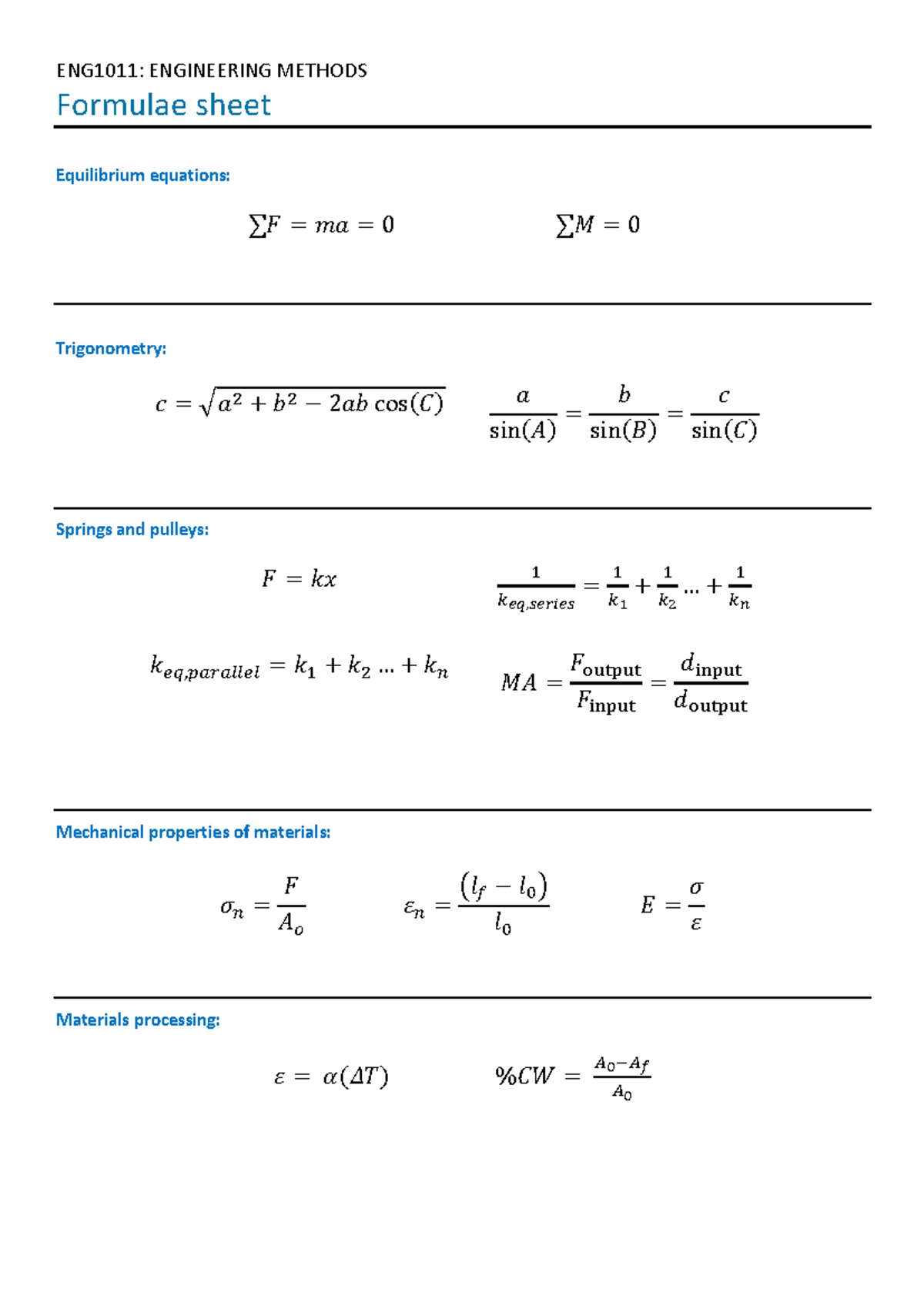 5. ENG1011 Formulae sheet - ENG1011: ENGINEERING METHODS Formulae sheet ...