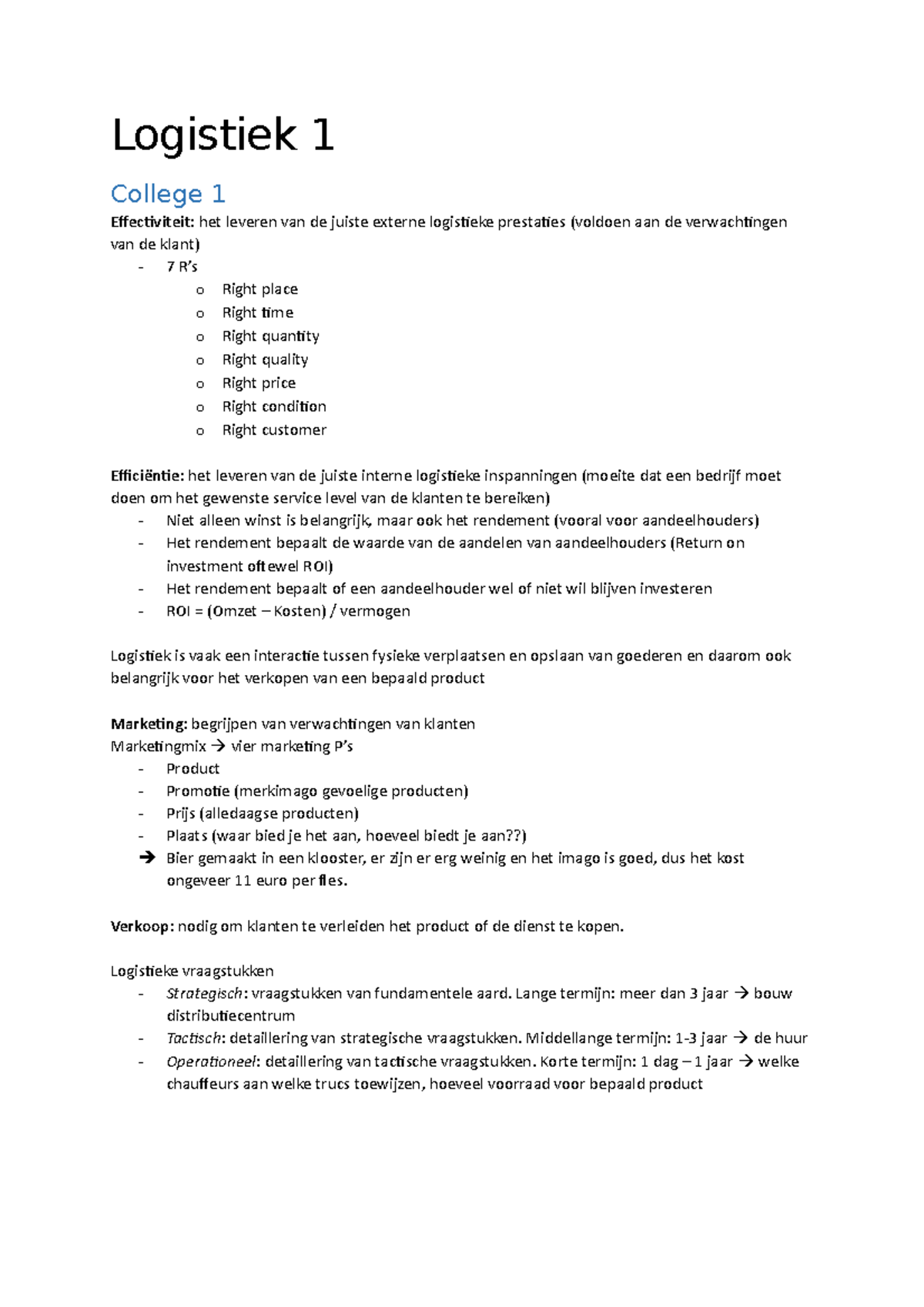 Aantekeningen Van College 1 Logistiek 1 Domein T&L - Logistiek 1 ...