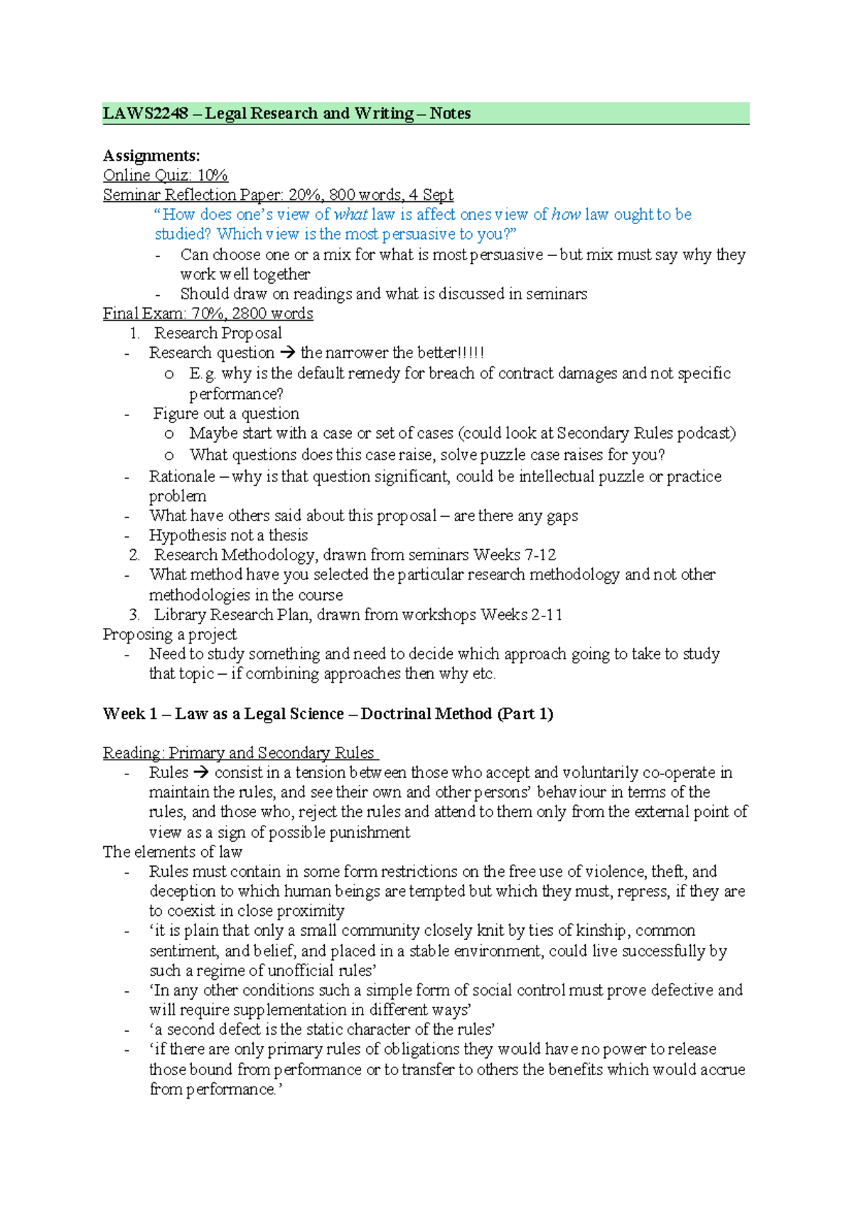 Research Seminar Notes - LAWS2248 – Legal Research and Writing – Notes ...