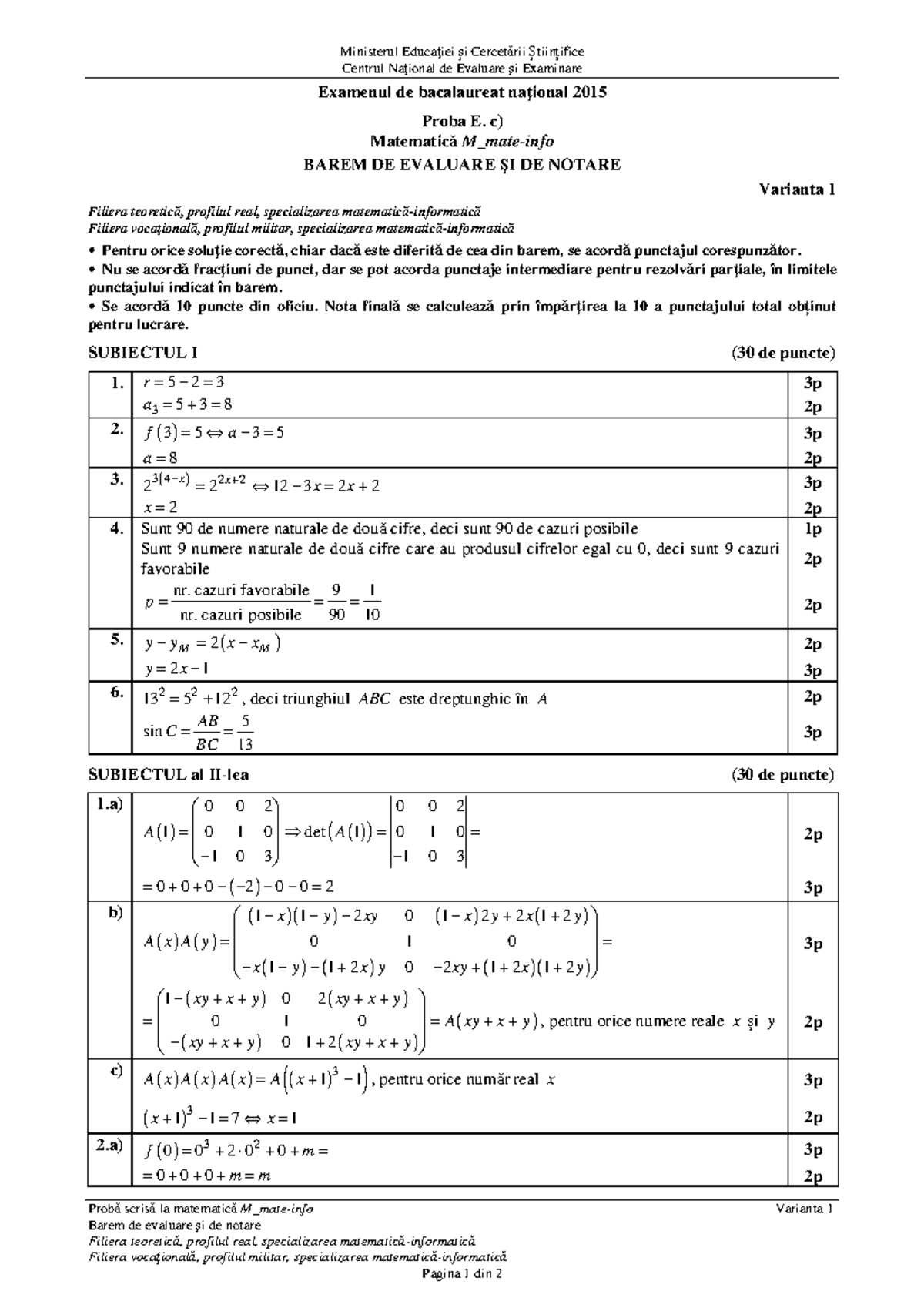 E c matematica m mateinfo 2015 bar 01 lro Ministerul Educaţiei și Cercetării Științifice