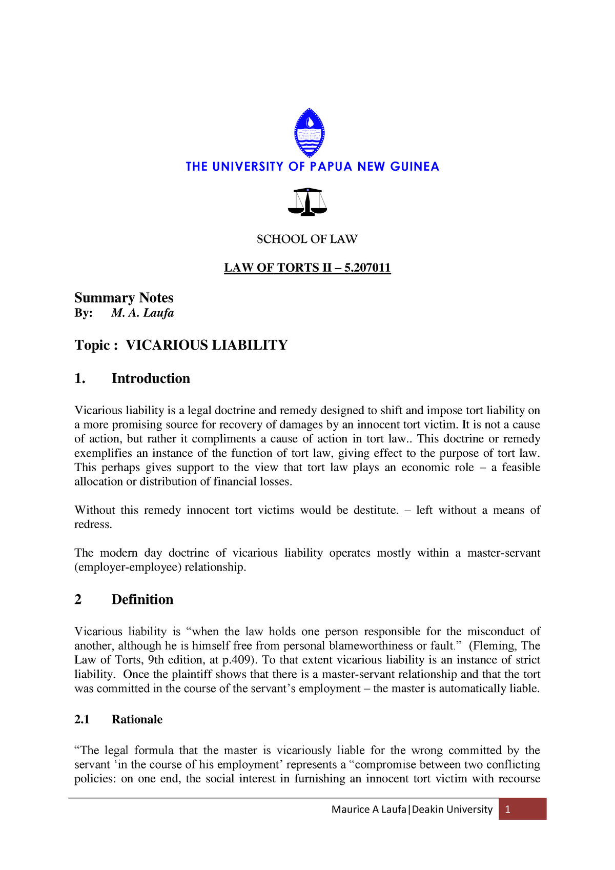 Summary notes Vicarious Liability 123249 - THE UNIVERSITY OF PAPUA NEW ...