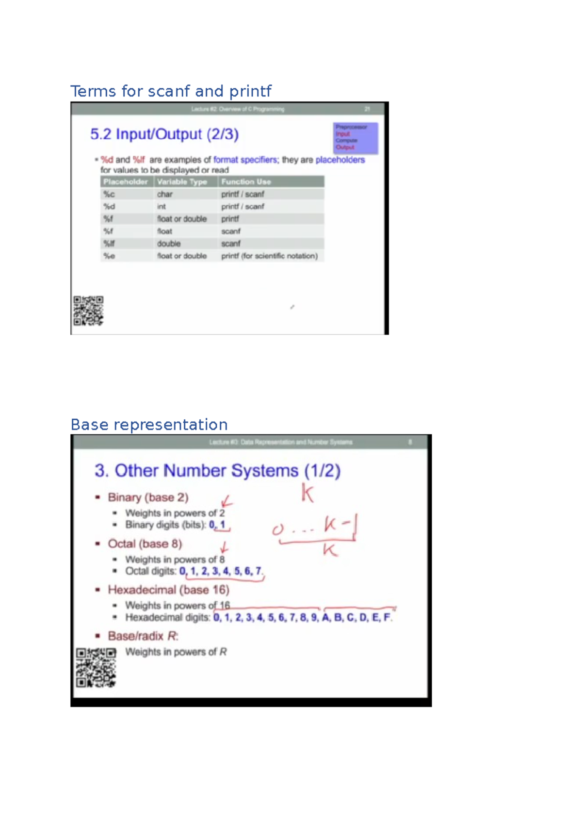 Notes - Summary Computer Organisation - Terms for scanf and printf Base ...